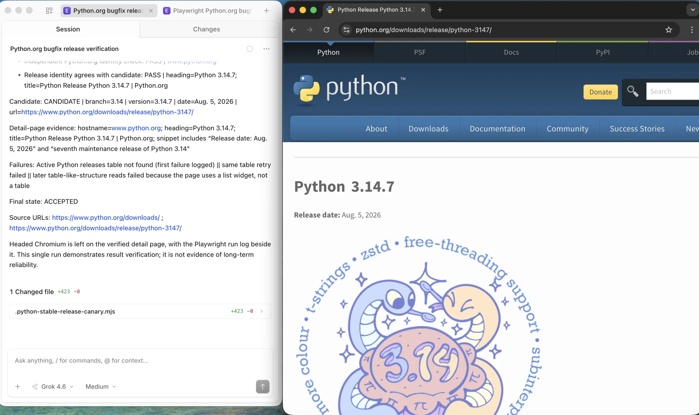 Browser agent report beside the Python.org release detail page, with matching version and release date shown as the final accepted result