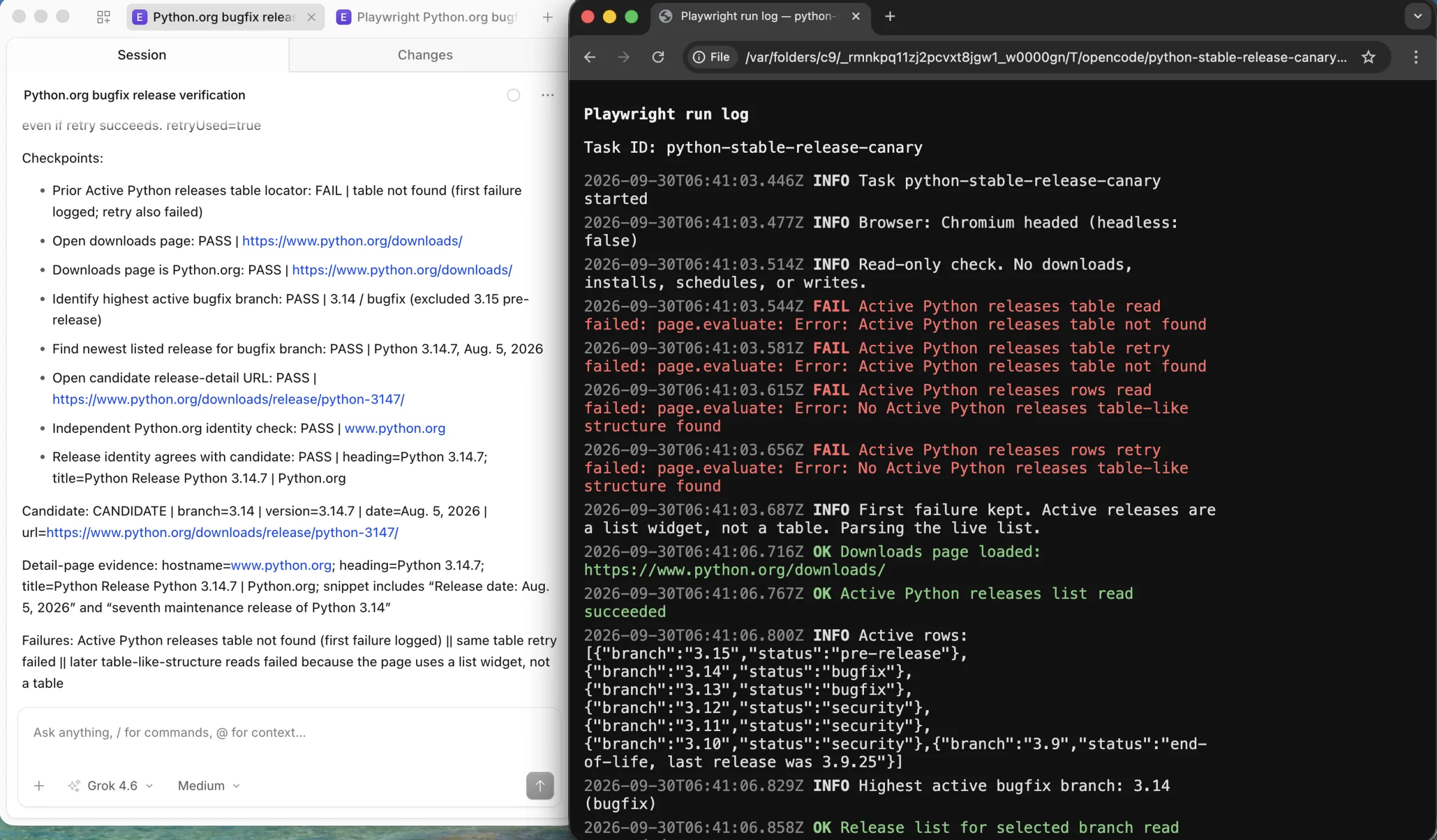 Read-only canary log showing a failed table read, a failed retry, and a subsequent inspection of the live Python releases list