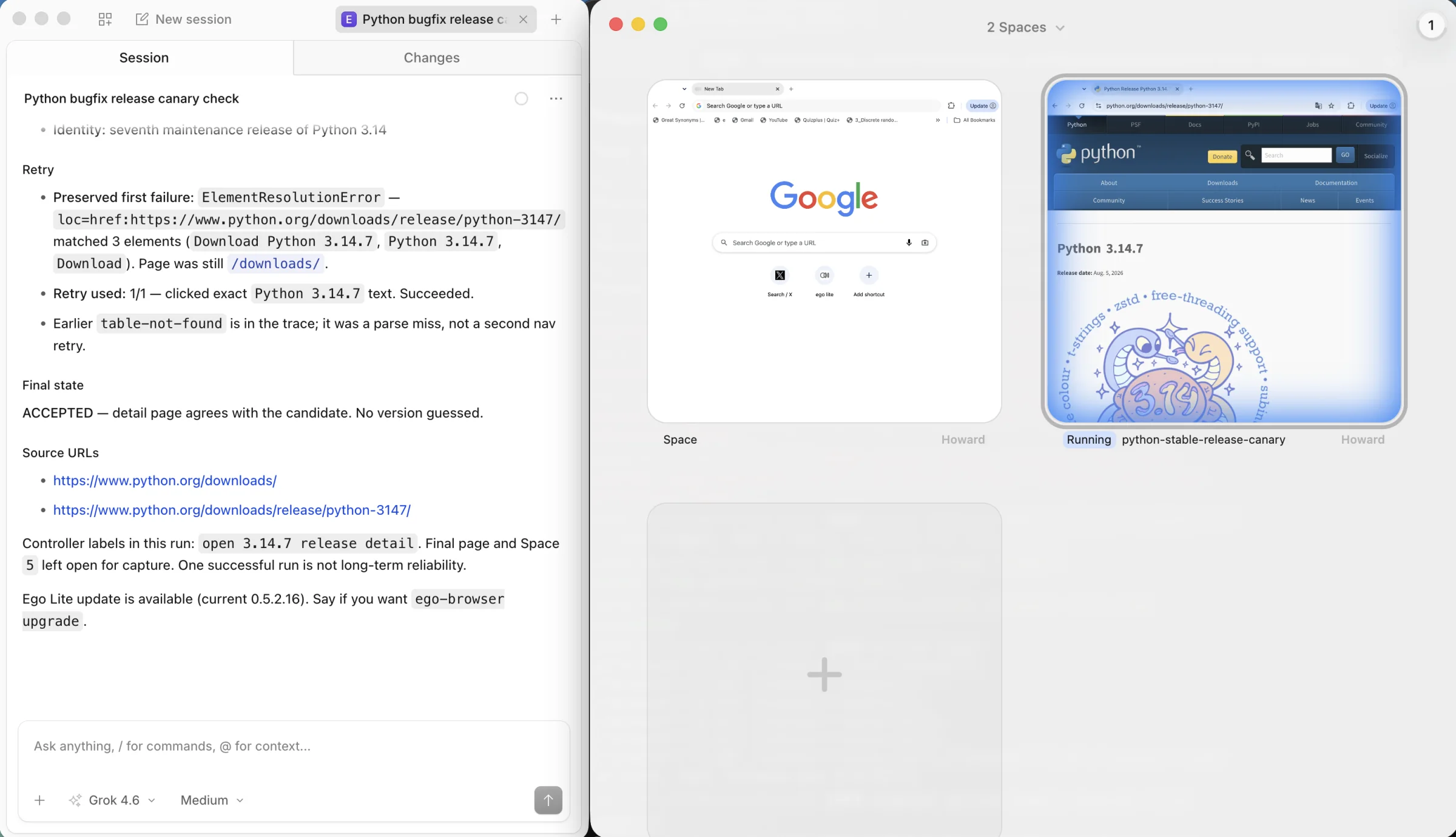 ego (lite) overview with two separate Spaces: a Python release canary running in one Space and an idle browser Space beside it