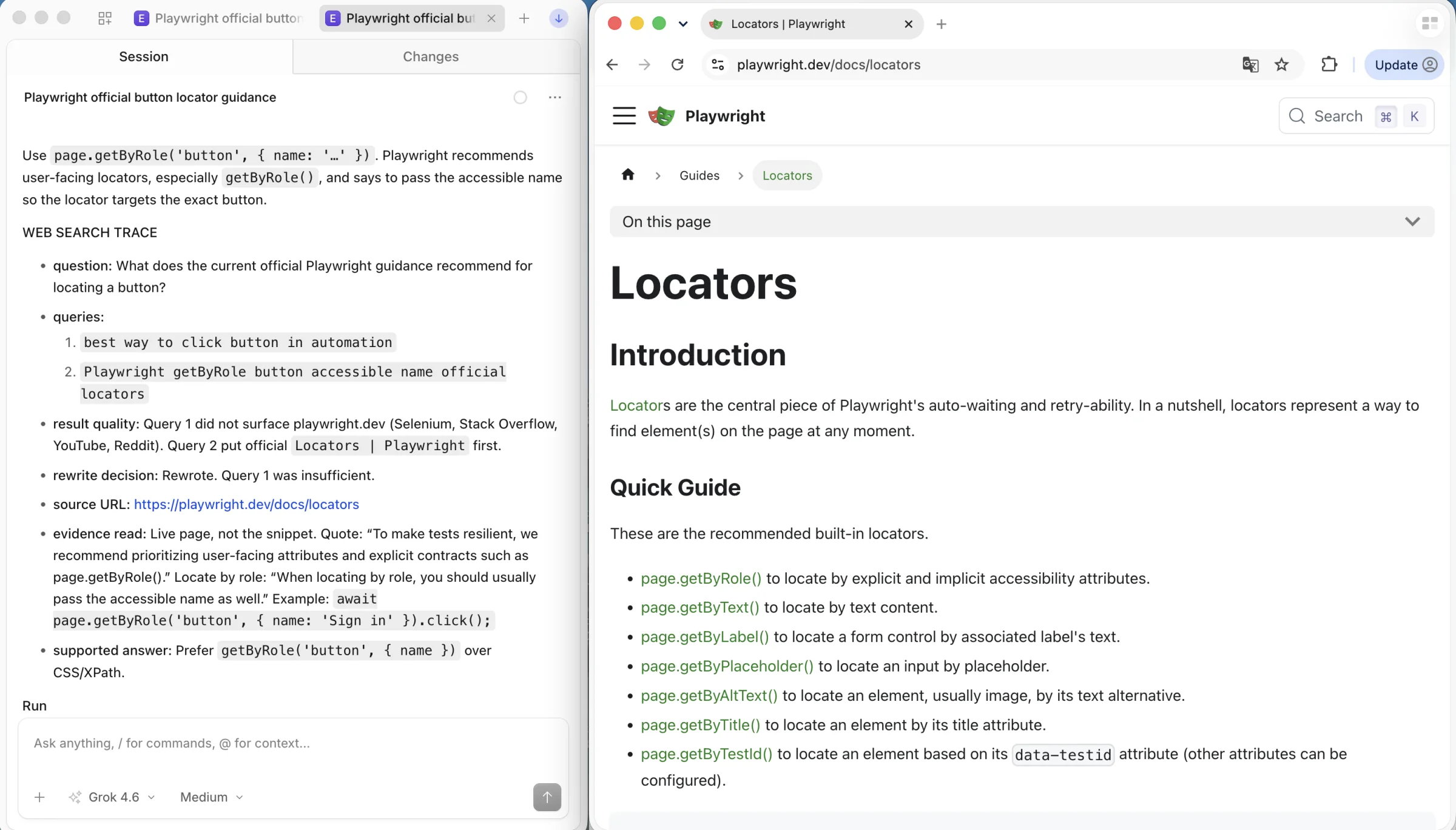 Completed web search trace listing both queries, the official Playwright source, evidence read, and supported answer beside the open locator guide