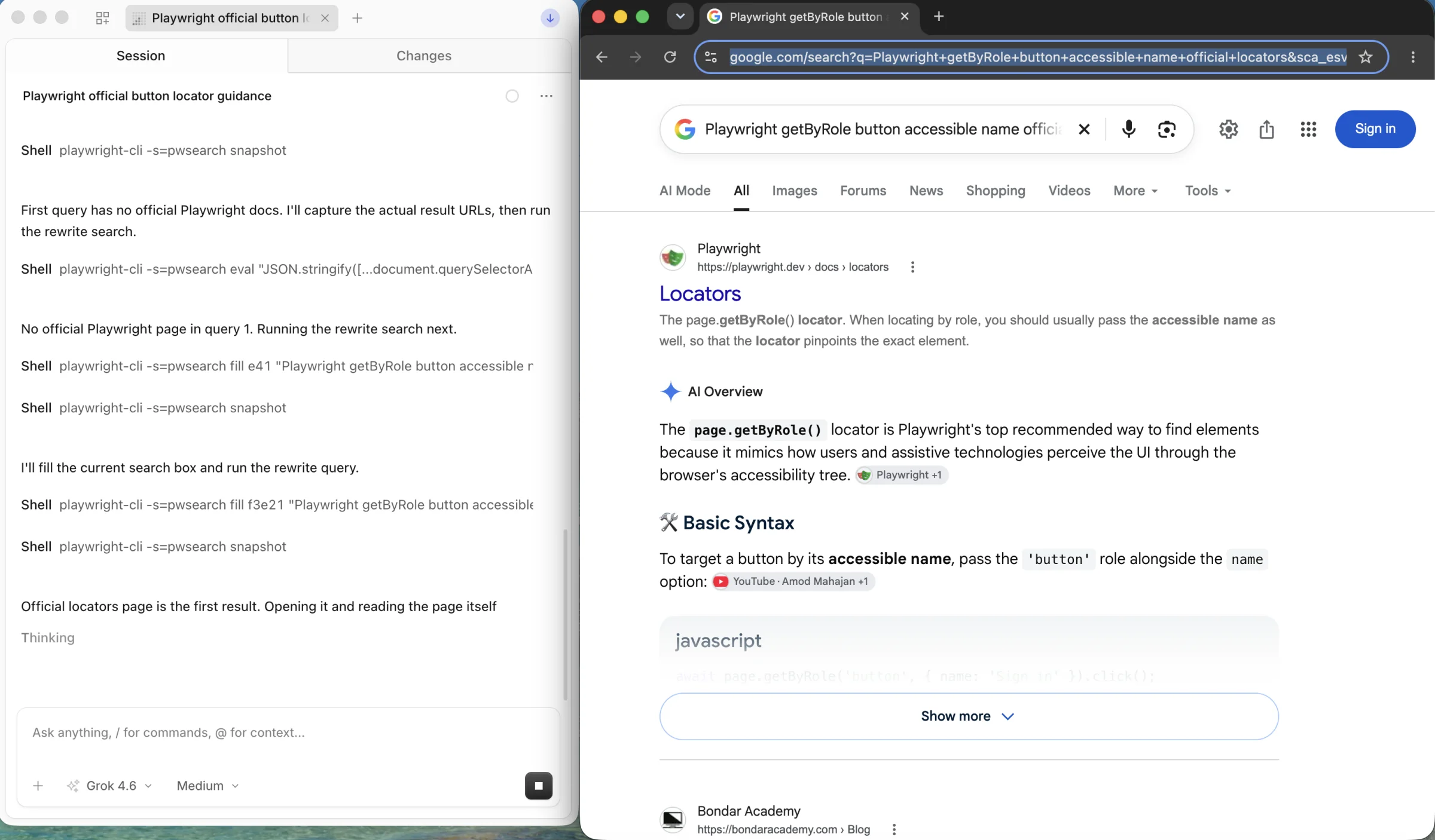 Agent search trace beside Google results for a revised Playwright locator query, with the official Playwright guide appearing in the results