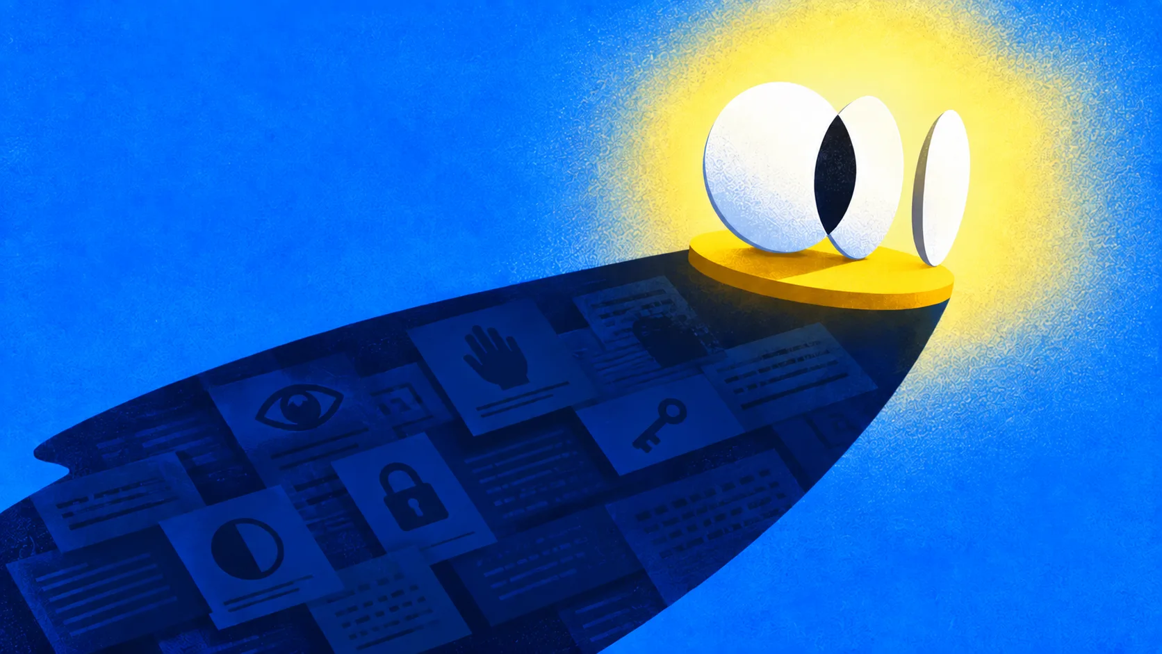 Three white disks on a yellow platform, casting a long shadow of login, lock, key, and permission icons across a blue field