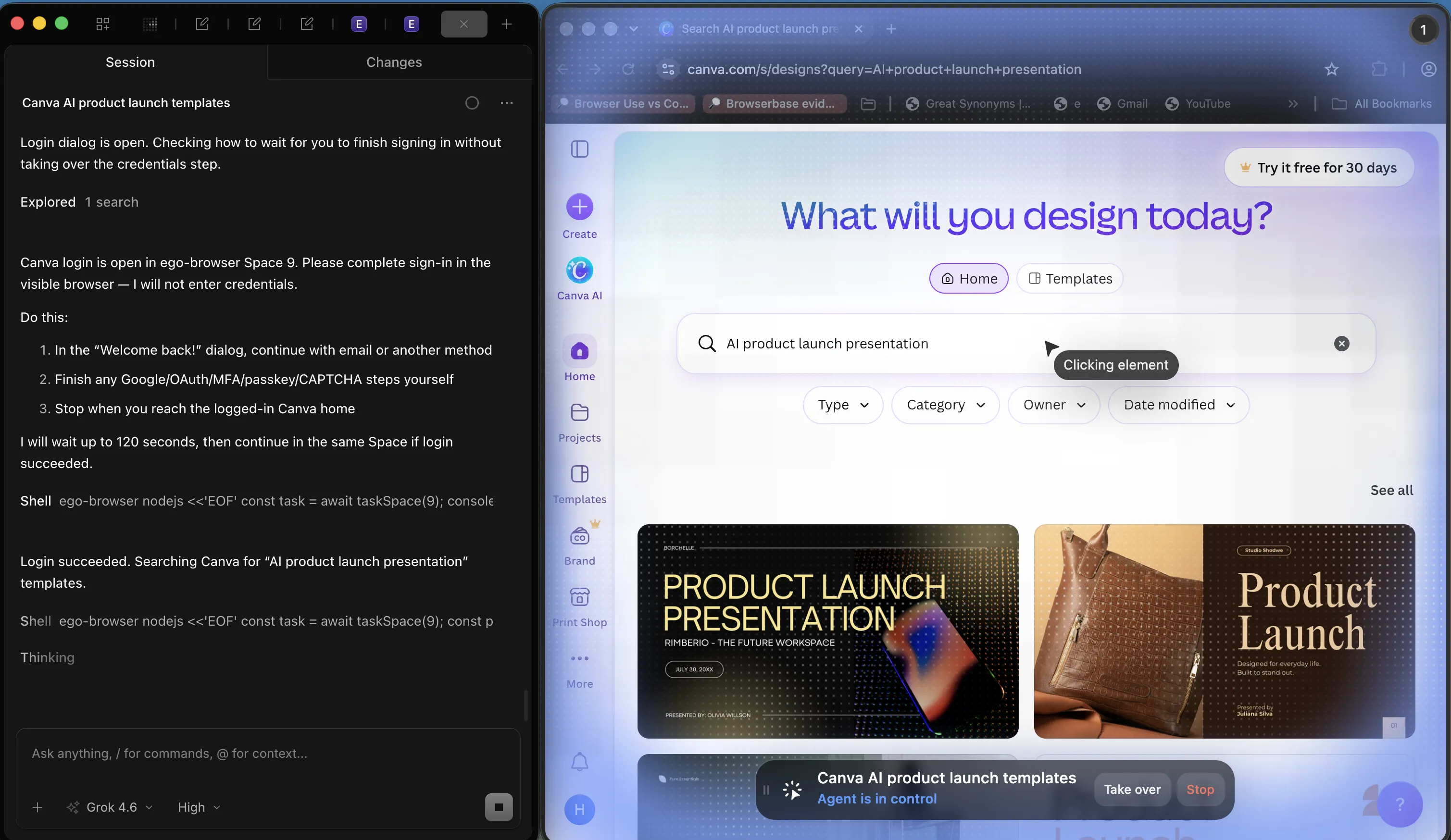 The coding agent reporting Login succeeded and searching Canva, beside a live ego (lite) Space with Agent is in control, Take over, and Stop visible over a search for AI product launch presentation