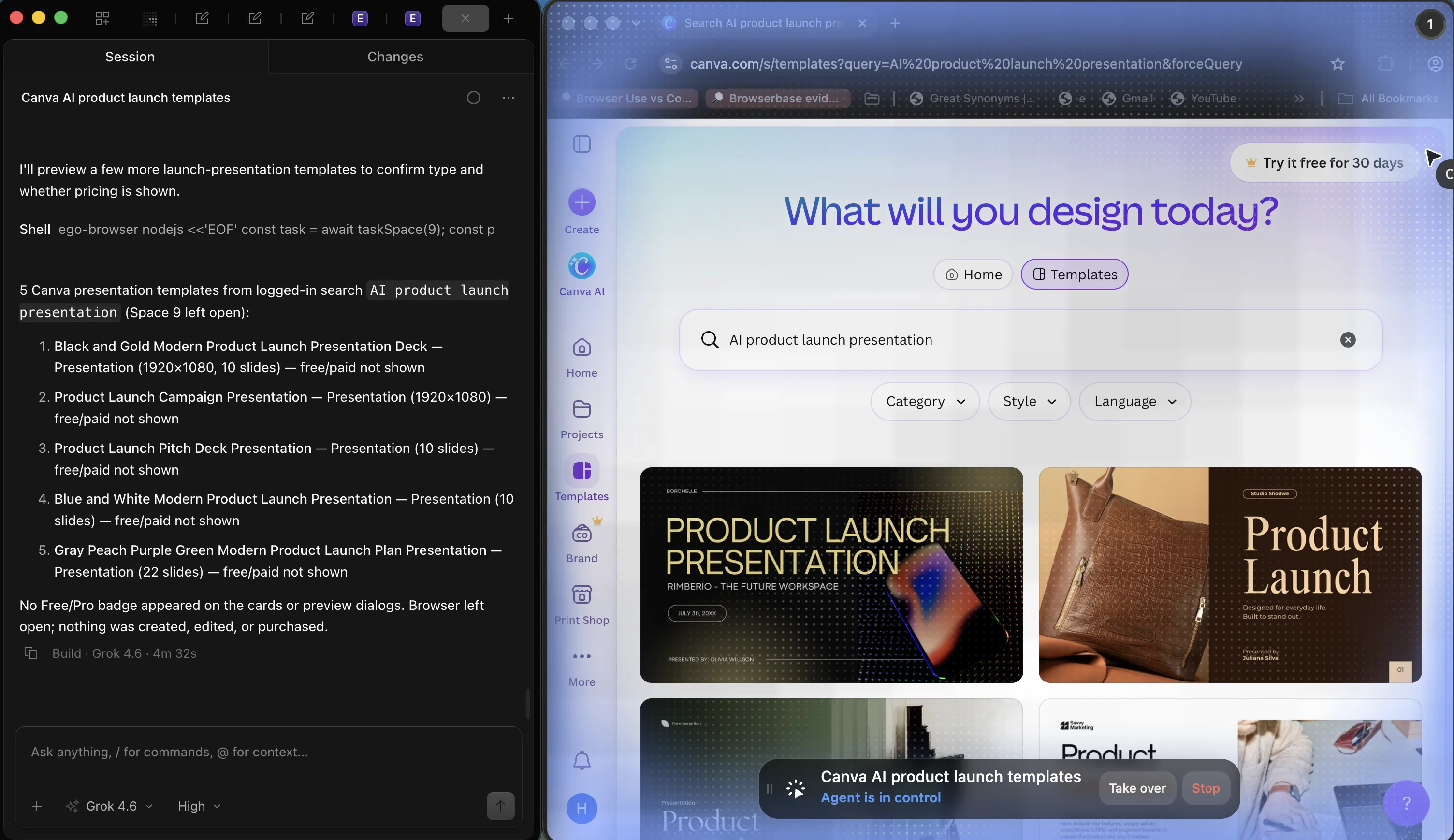 The coding agent listing five Canva presentation templates from a logged-in search, beside a live ego (lite) Space showing the AI product launch presentation results with Agent is in control visible