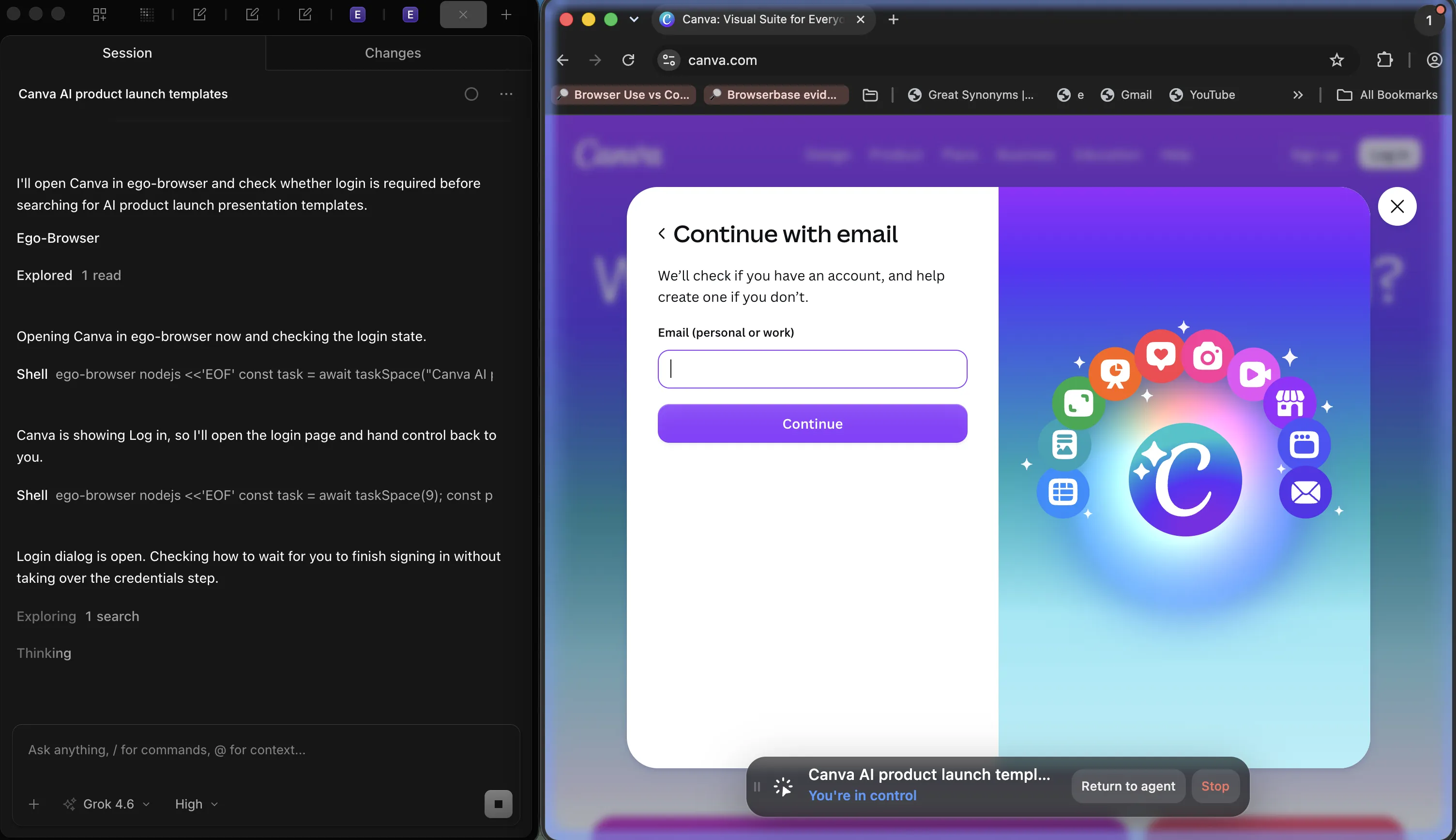 A coding agent on the left reporting that Canva is showing Log in, beside a live ego (lite) Space with Canva's Continue with email dialog open and You're in control, Return to agent, and Stop visible