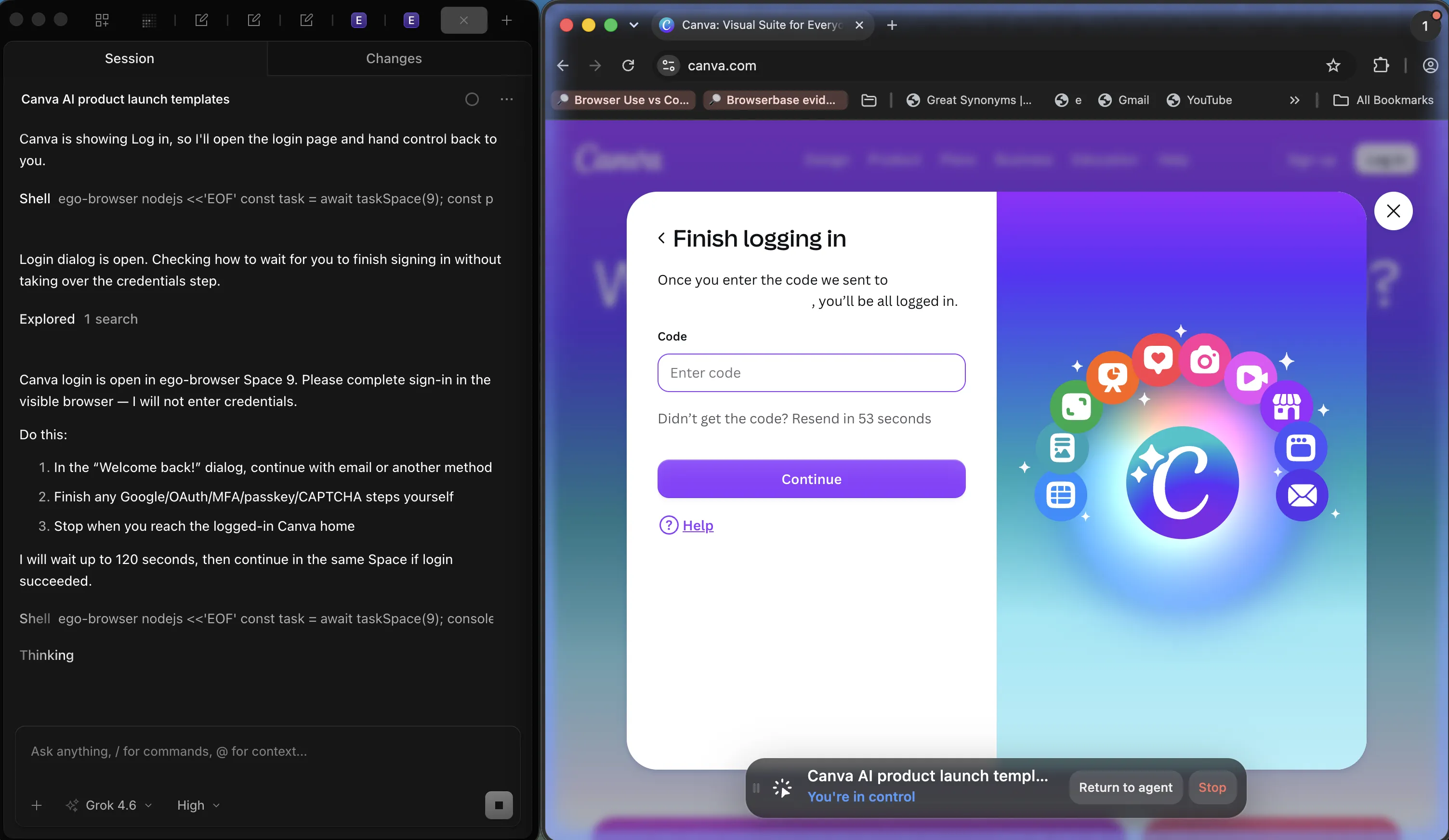 A coding agent instructing the person to finish MFA, passkey, or CAPTCHA steps themselves, beside Canva's Finish logging in dialog with an empty code field and You're in control still visible