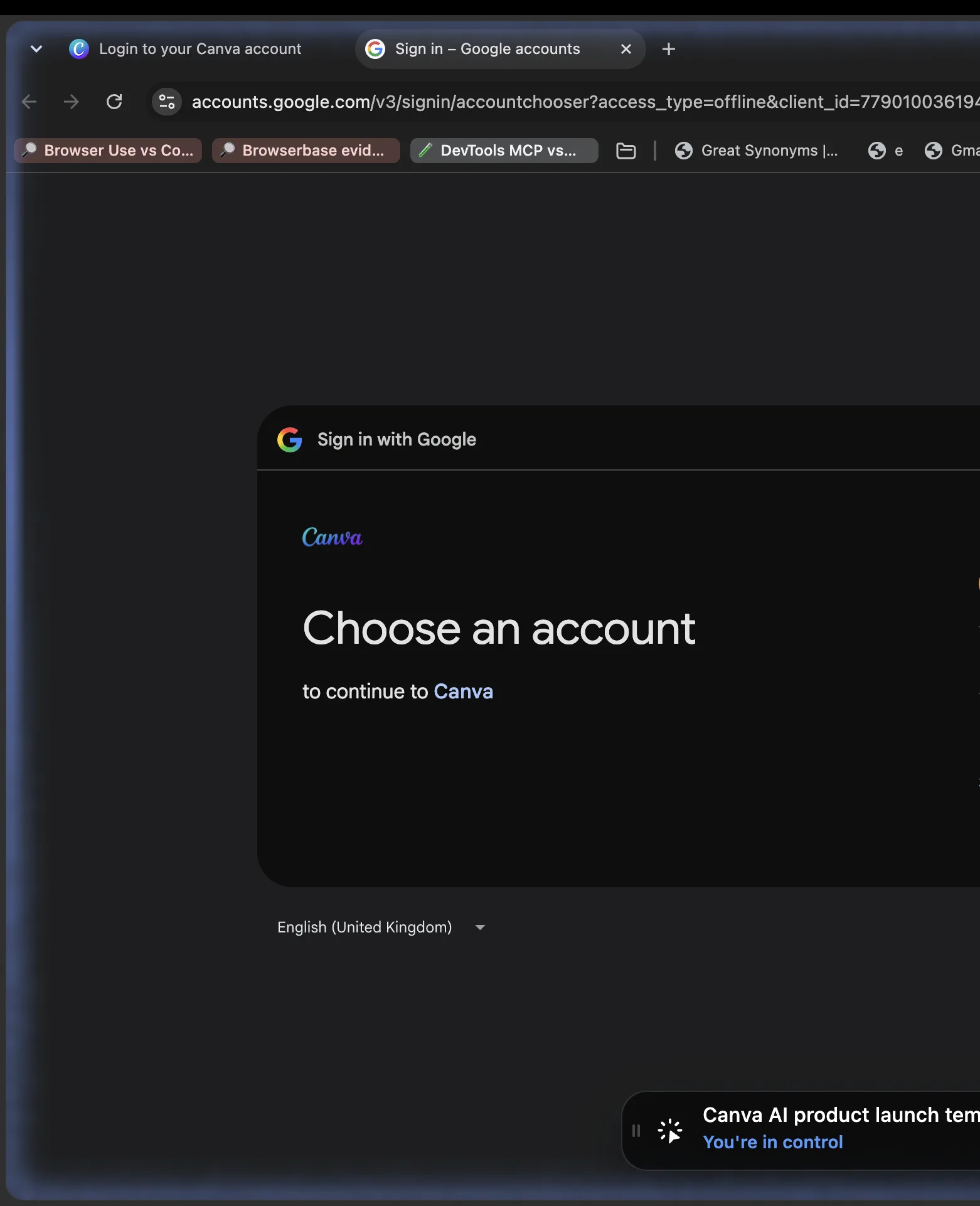 Canva OAuth redirect on accounts.google.com showing Sign in with Google and Choose an account to continue to Canva, with You're in control visible on the ego (lite) Space