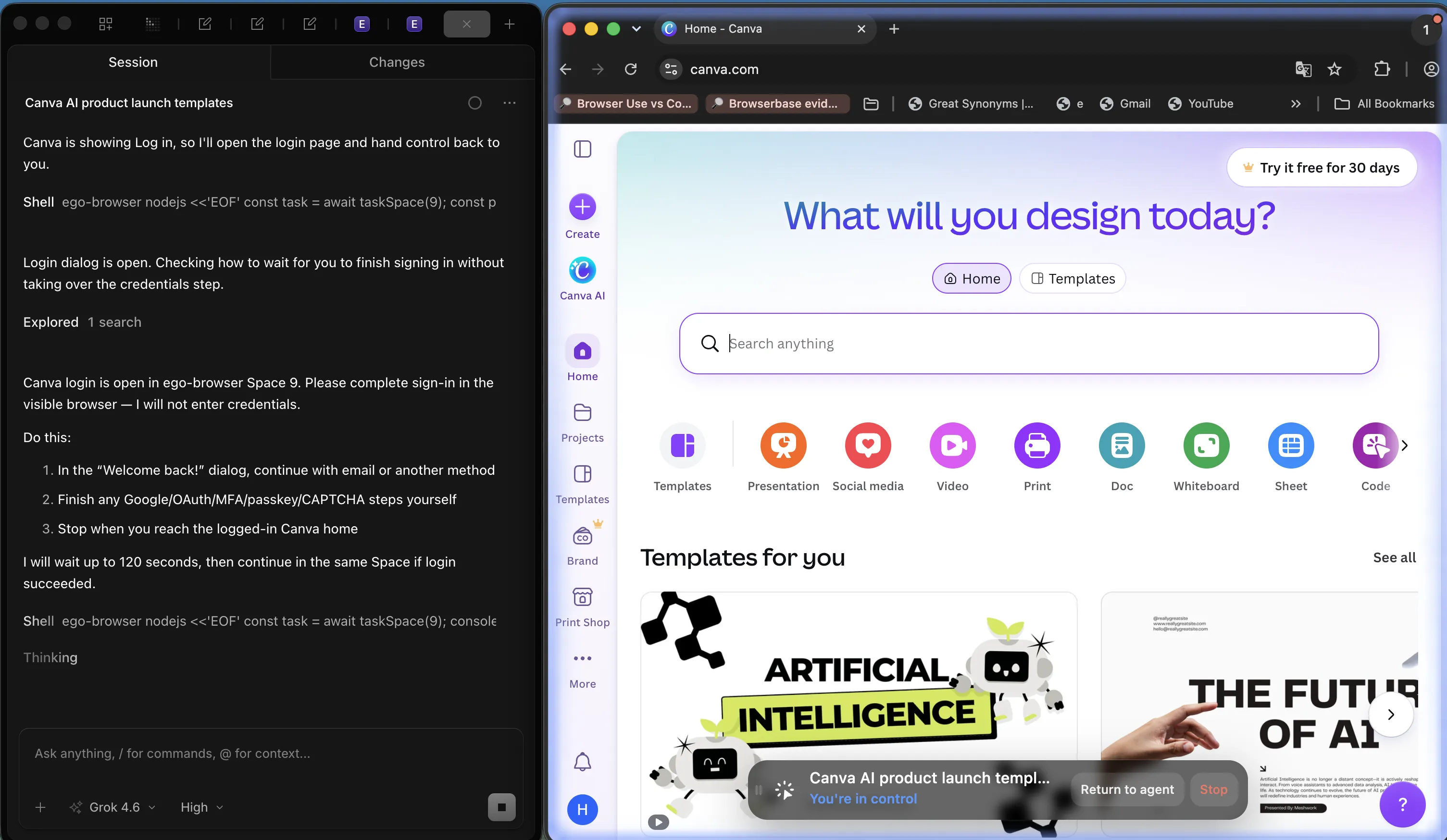 The coding agent still waiting after handing over, beside a live ego (lite) Space showing the signed-in Canva home with You're in control still visible