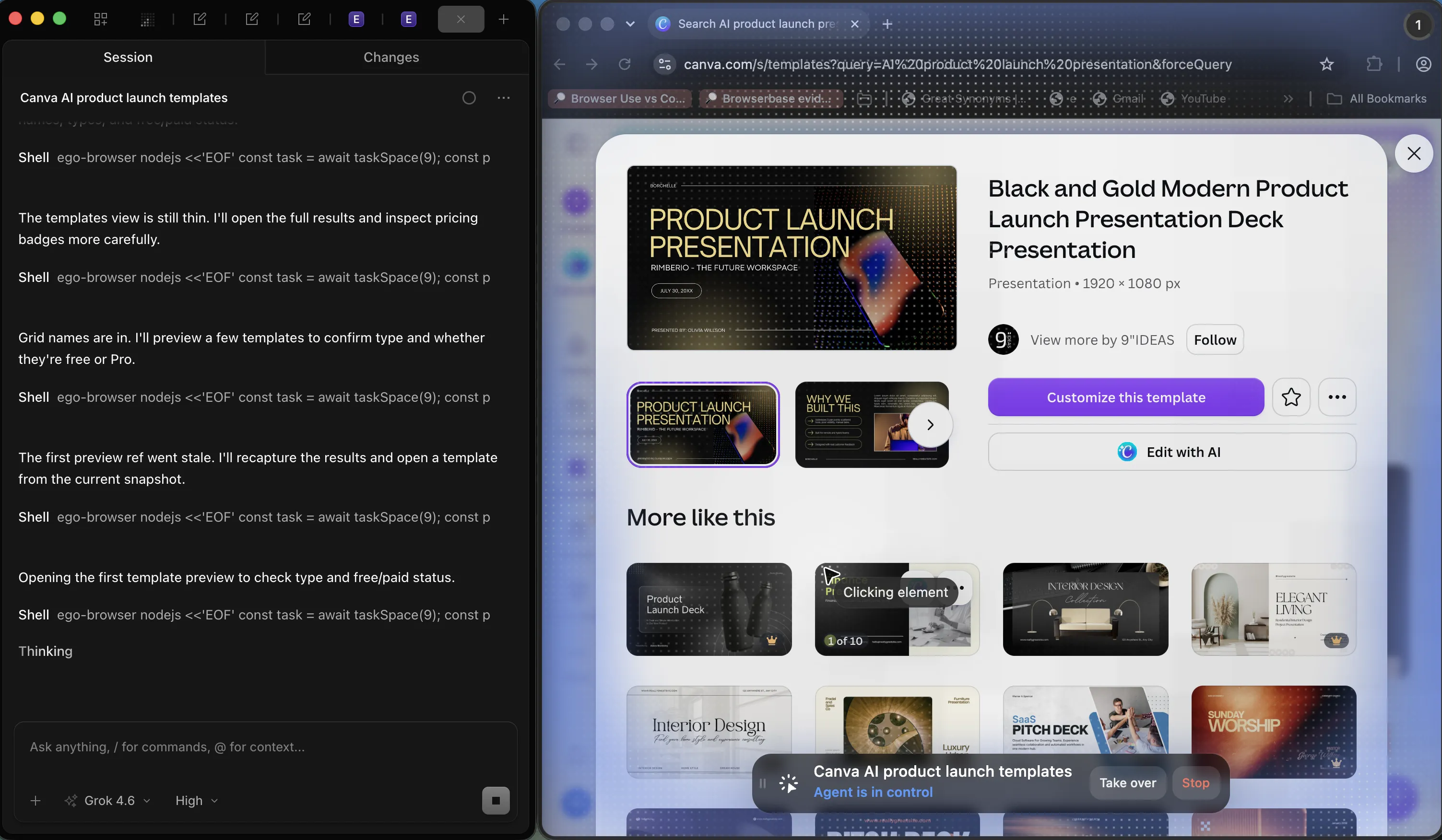 The coding agent inspecting Canva template previews, beside a live ego (lite) Space showing a Black and Gold Modern Product Launch Presentation Deck preview with Agent is in control visible
