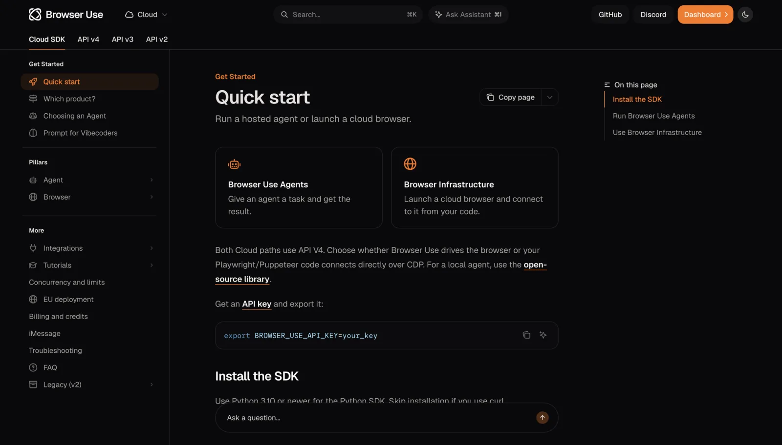 Browser Use Cloud SDK Quick start 页面，显示 Run a hosted agent or launch a cloud browser 标题、Browser Use Agents 与 Browser Infrastructure 卡片，以及指向开源库的链接