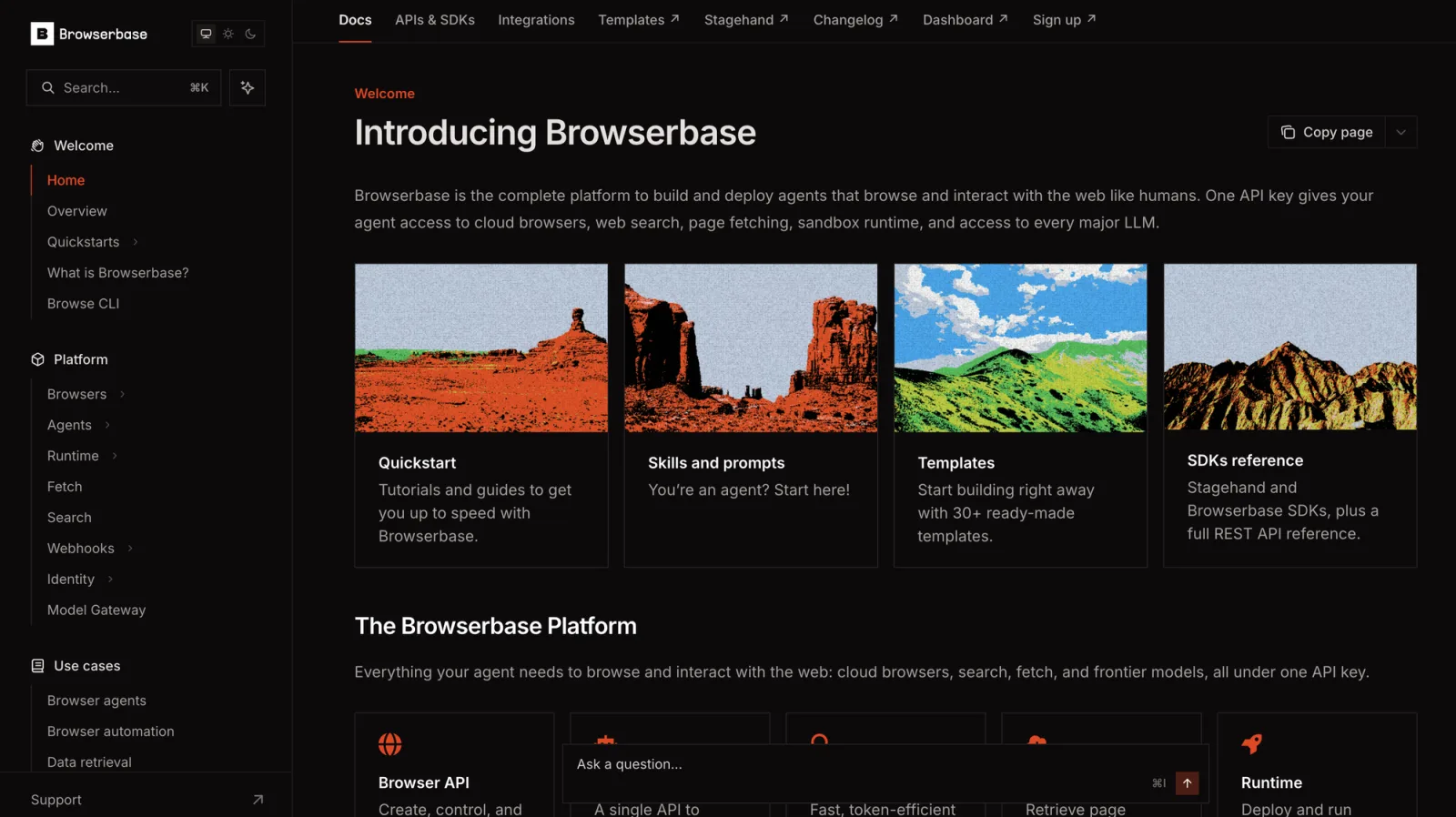Browserbase 文档，标题为 Introducing Browserbase，介绍用一个 API Key 提供云浏览器、网页搜索、页面抓取和沙箱运行时，并附有 Quickstart、Skills and prompts、Templates 与 SDKs 参考卡片
