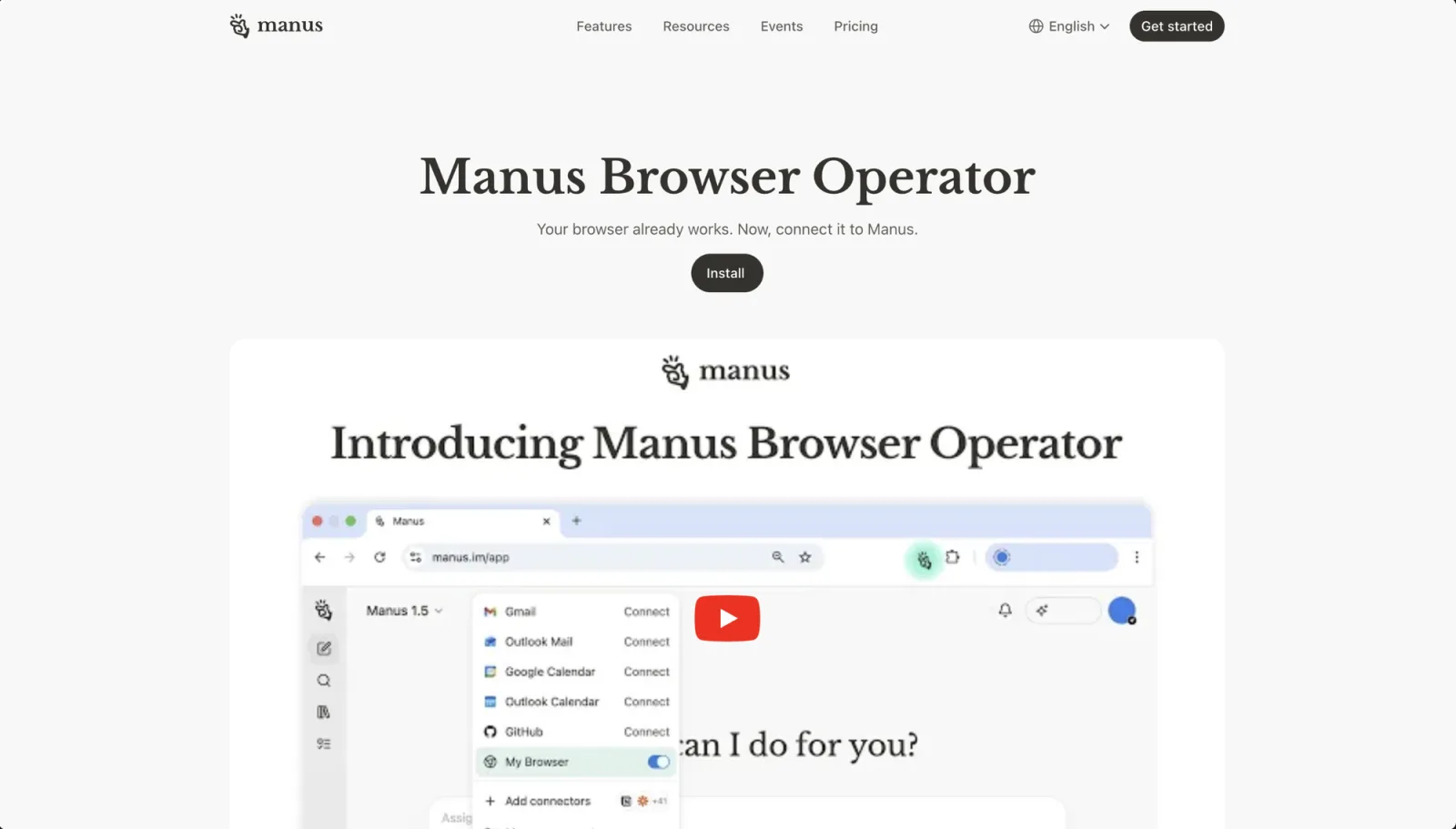 Manus 的 Browser Operator 实时页面，显示 Manus Browser Operator 标题、your browser already works 文案，以及内嵌的产品演示