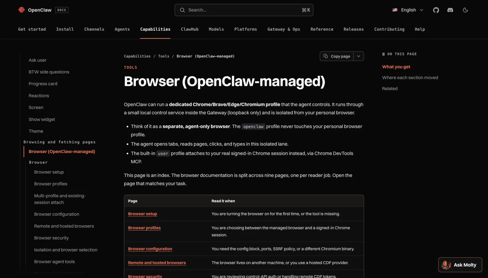 OpenClaw 的 browser 文档，标题为 Browser, OpenClaw-managed，介绍与个人浏览器隔离的专用 agent-only Profile，以及可附加到已登录 Chrome 会话的 user Profile