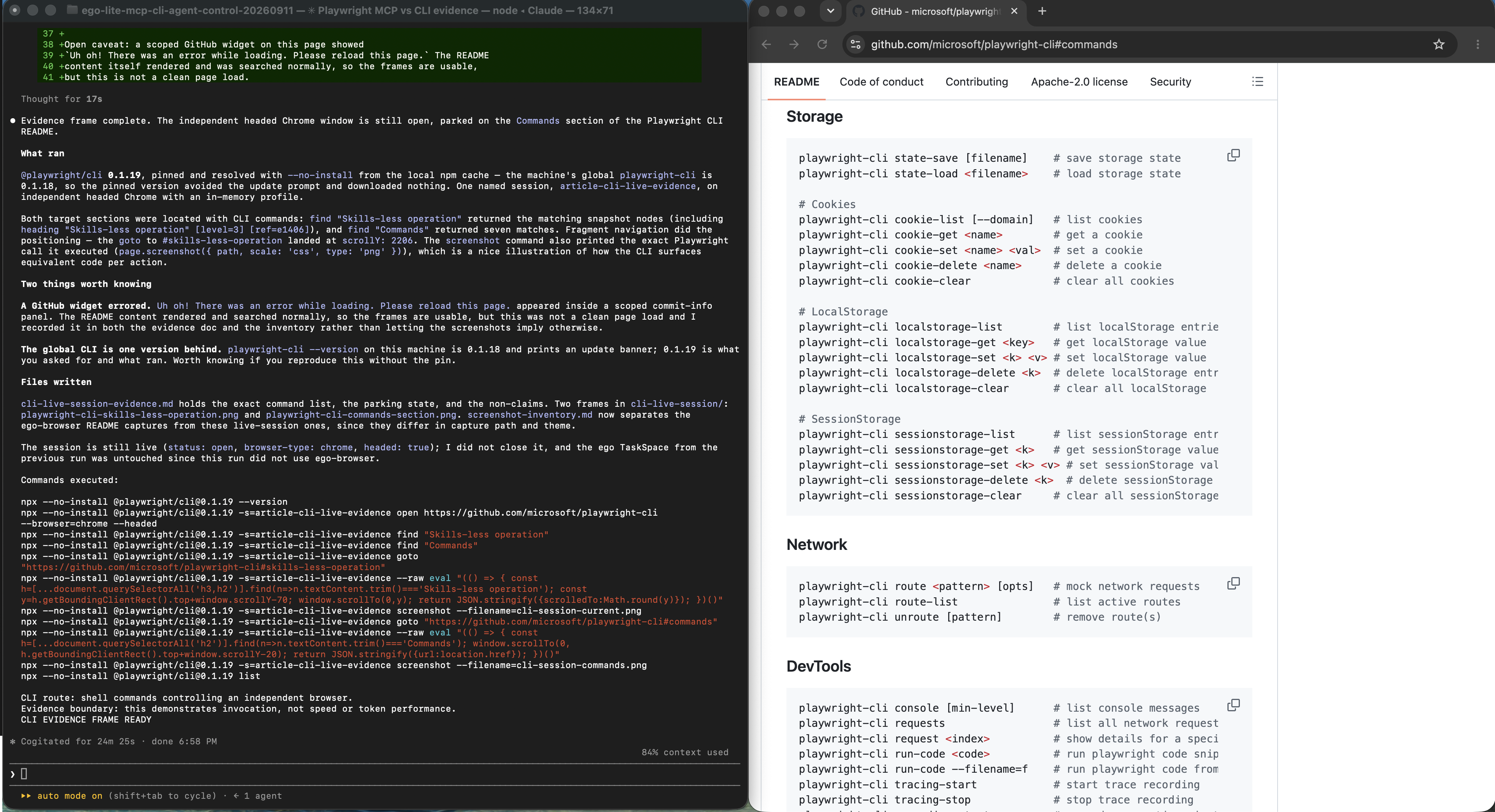 Claude Code terminal beside an independent Chrome window controlled through a named Playwright CLI session