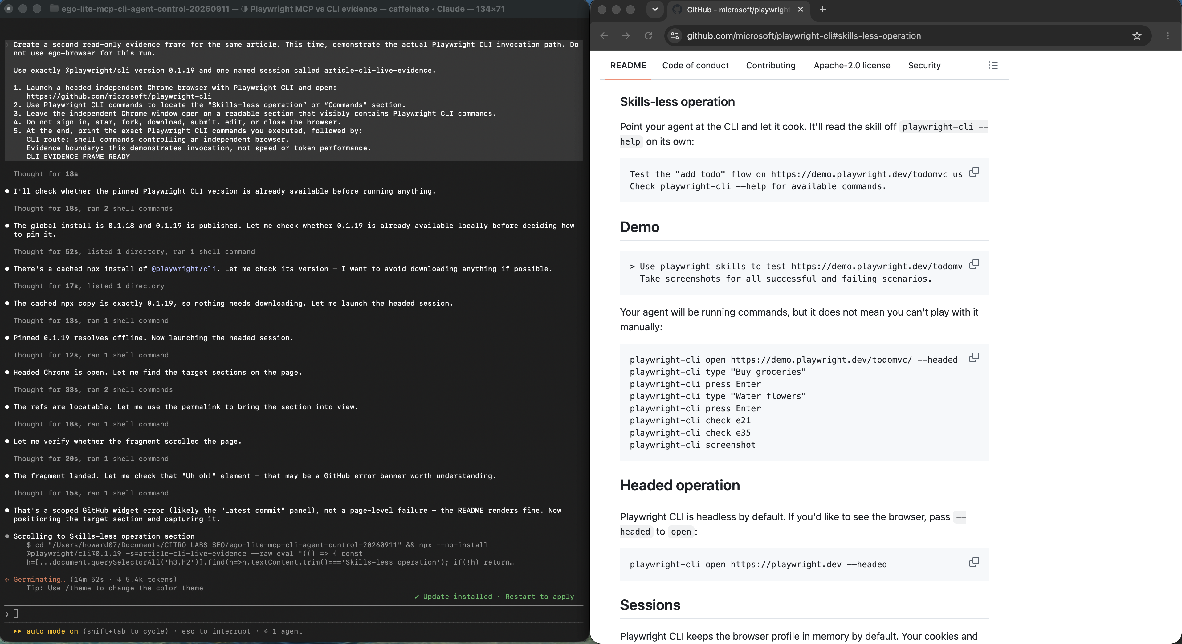 Complete desktop screenshot with Claude Code on the left and an independent Chrome window showing Playwright CLI skills-less and headed operation on the right