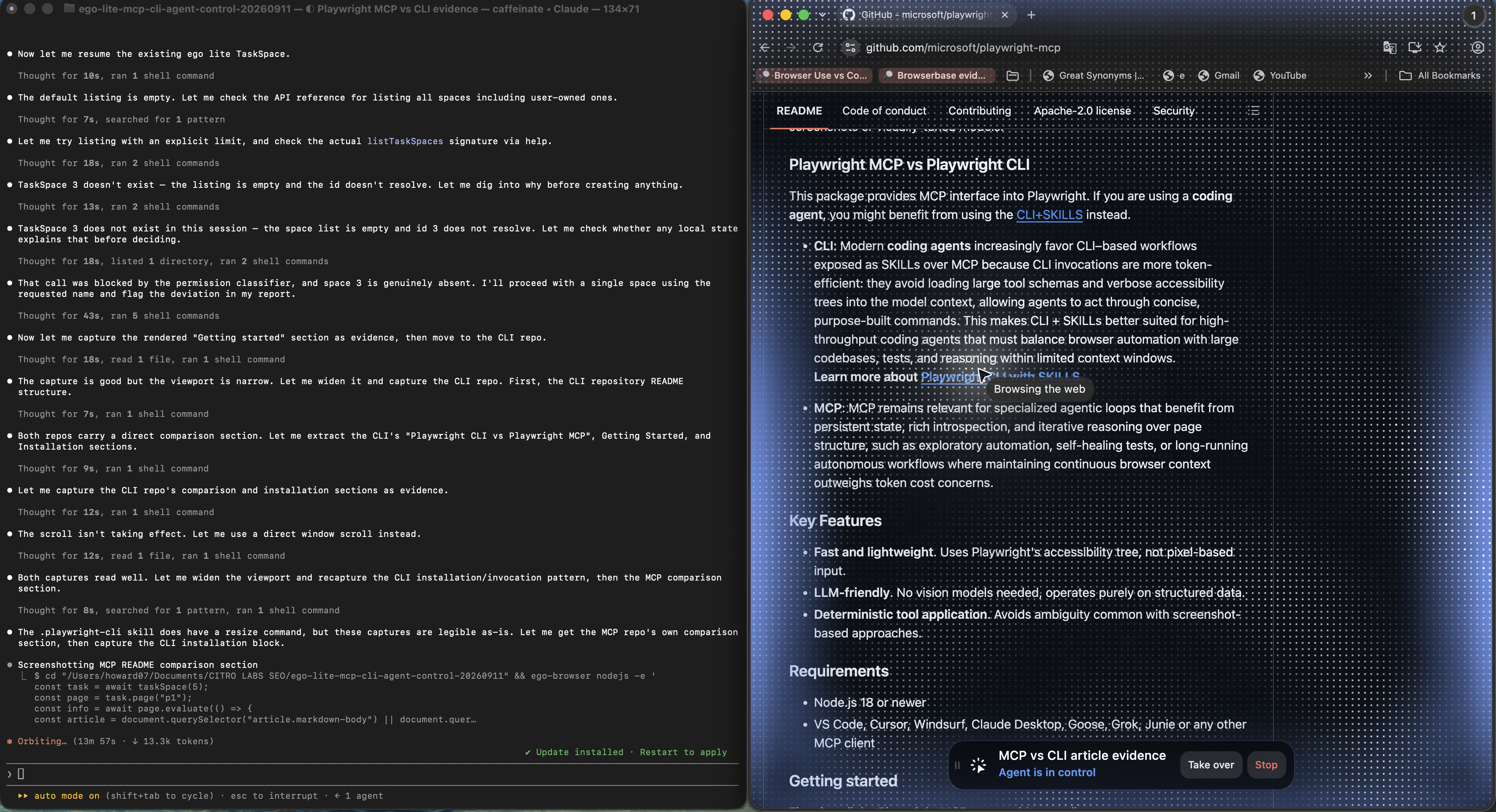 Complete desktop screenshot with Claude Code beside a live ego (lite) Space showing the official Playwright MCP versus CLI comparison