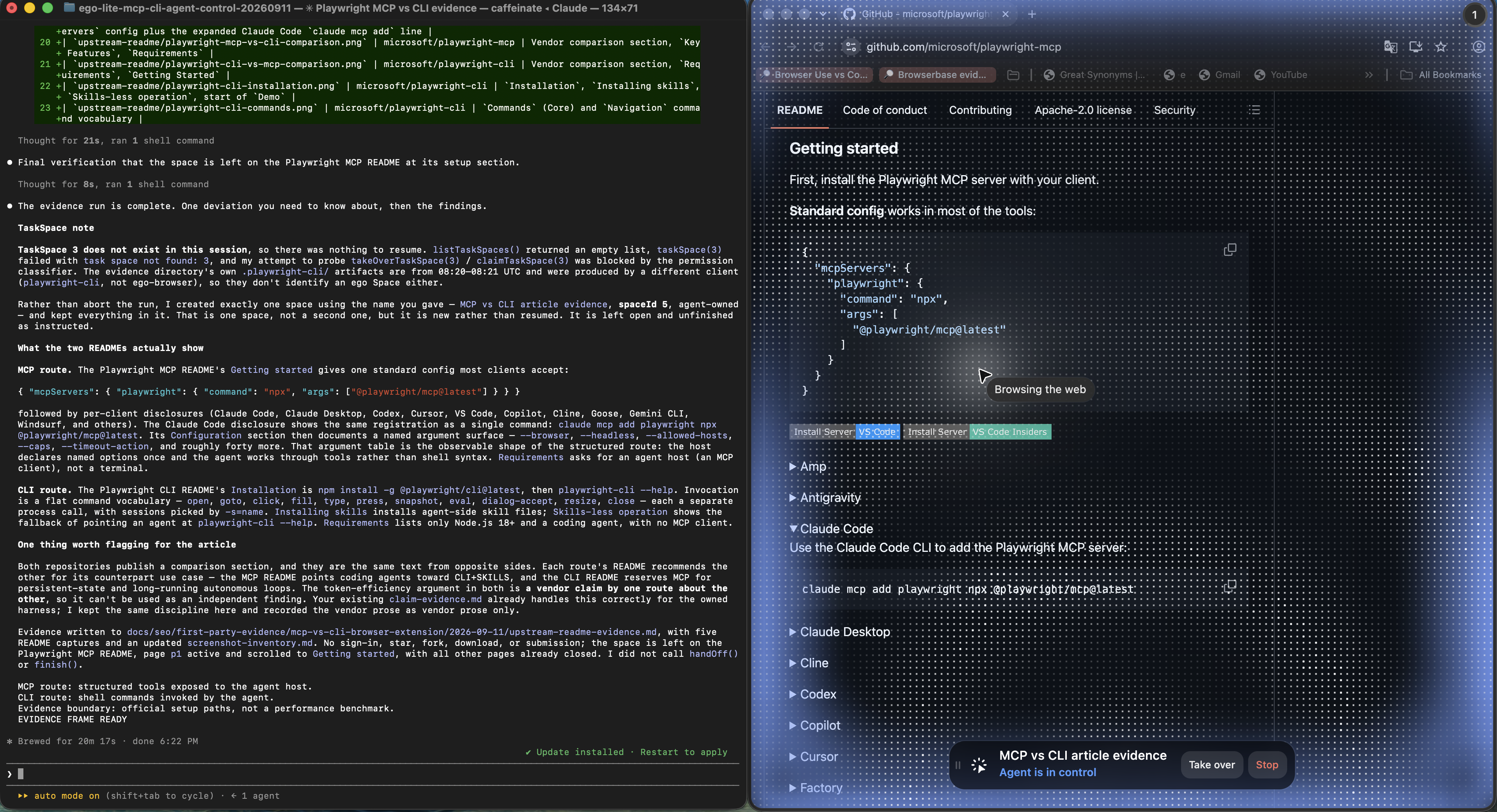 Complete desktop screenshot with Claude Code on the left and an ego (lite) Space showing the official Playwright MCP setup on the right