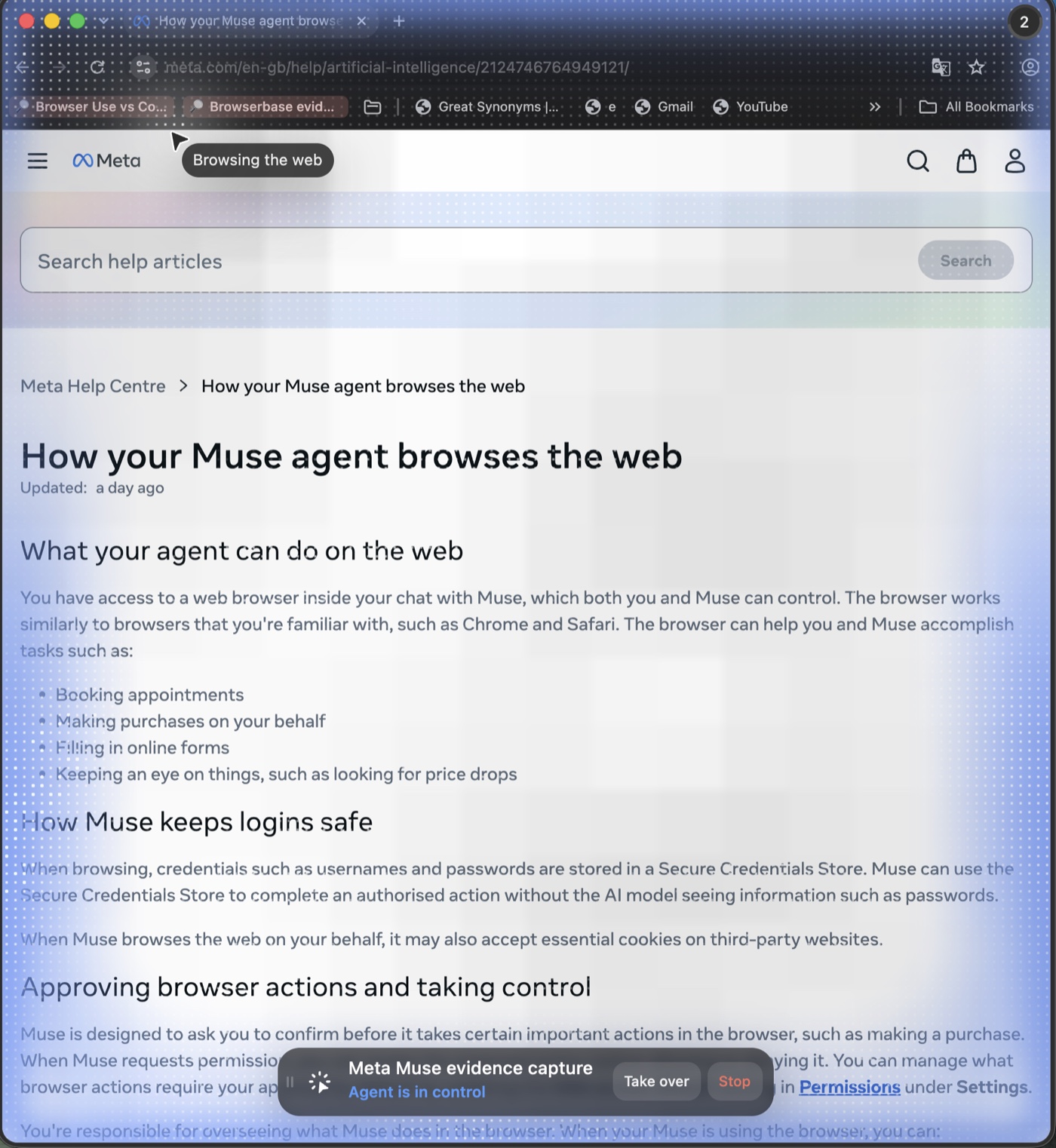 ego (lite) Space with blue agent-control treatment around Meta's Muse browser help page and visible Take over and Stop controls