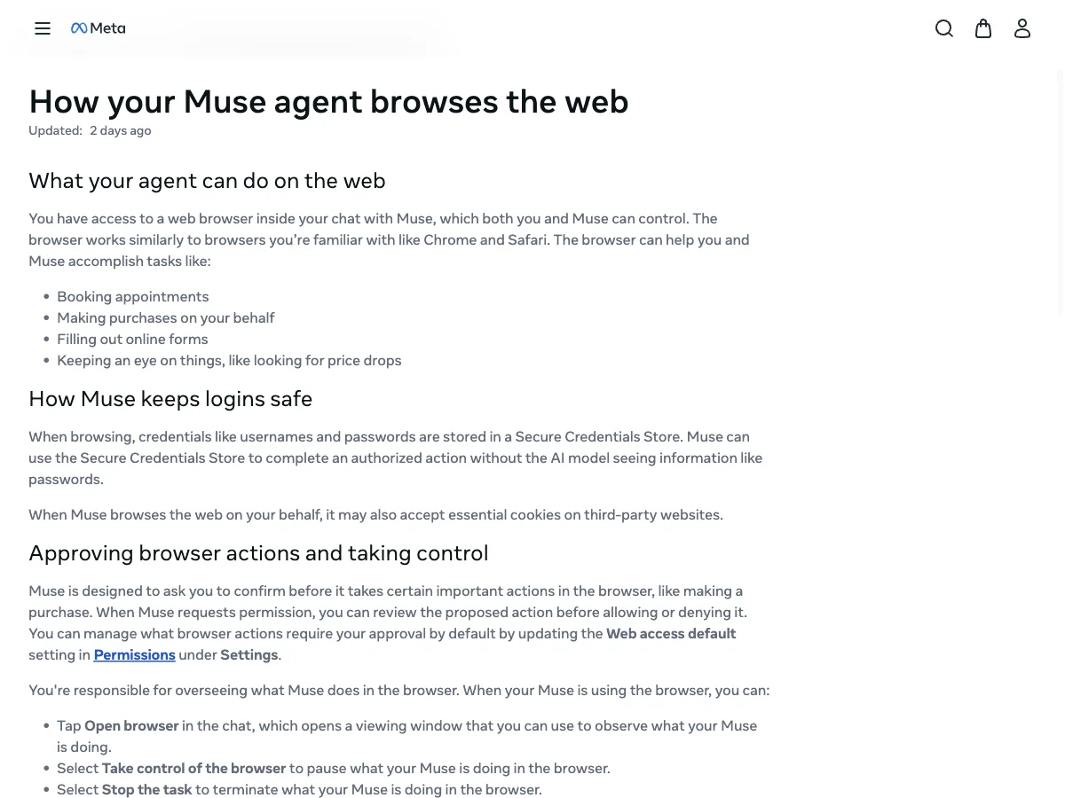 Meta Help Center article explaining how Muse browses the web, stores credentials, and hands control to the user