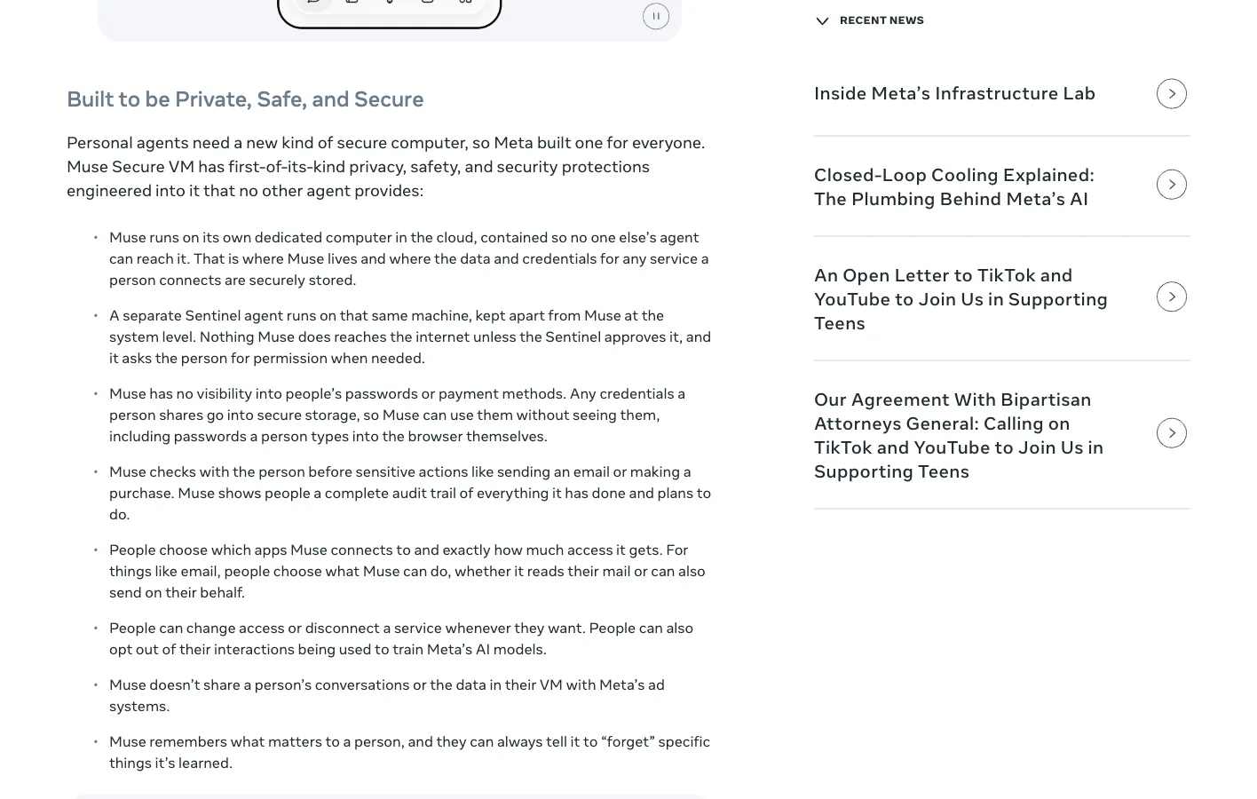 Meta's Muse page describing its secure computer and credential protections