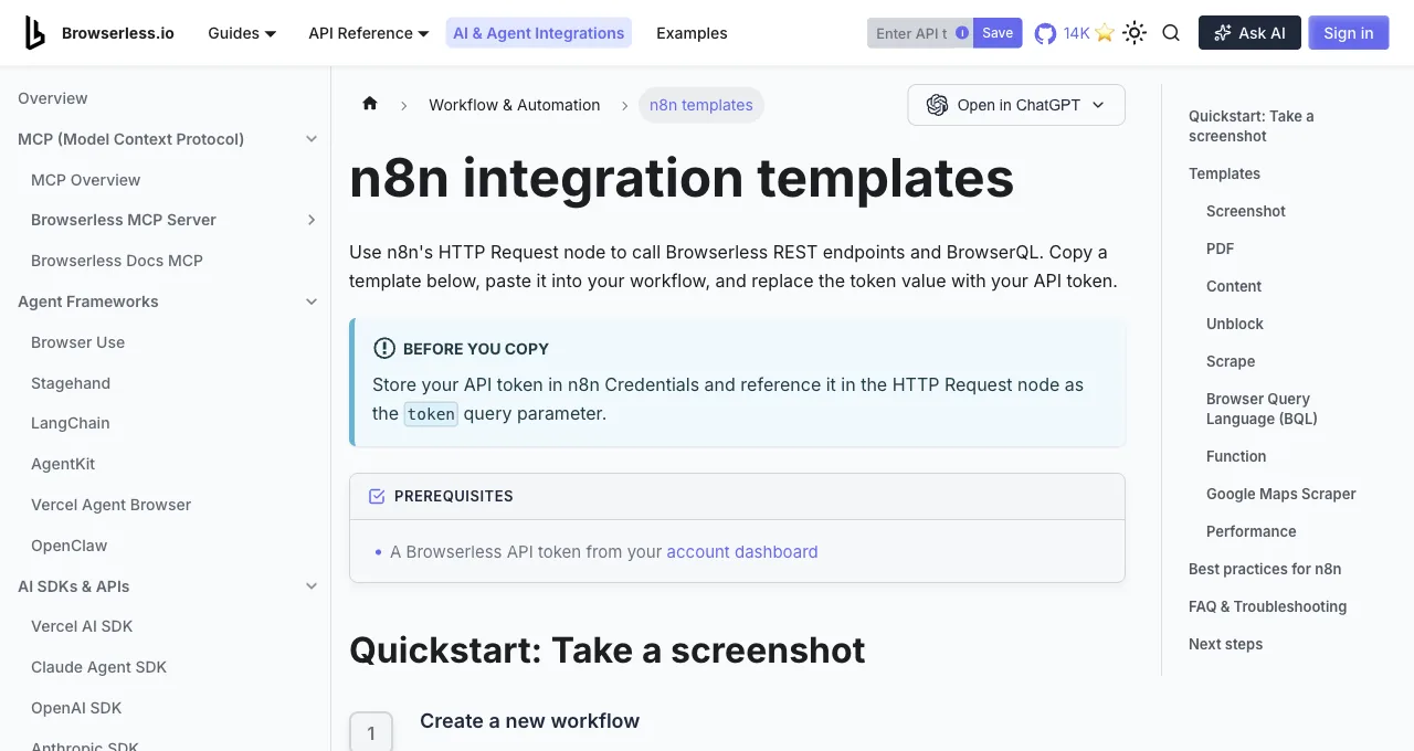 Browserless documentation page titled n8n integration templates, instructing users to call REST endpoints and BrowserQL from n8n's HTTP Request node
