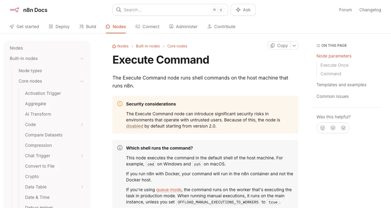 n8n's Execute Command node documentation, noting the node runs shell commands on the host machine and is disabled by default from version 2.0