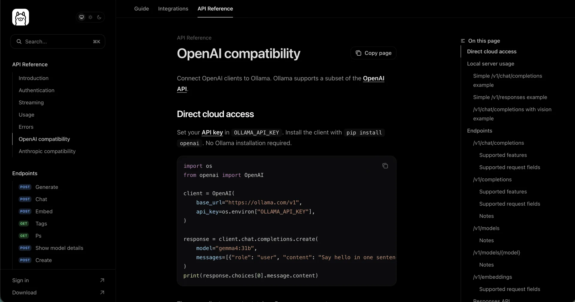 Il riferimento API di Ollama per la compatibilità OpenAI con un esempio di client OpenAI che usa OLLAMA_API_KEY