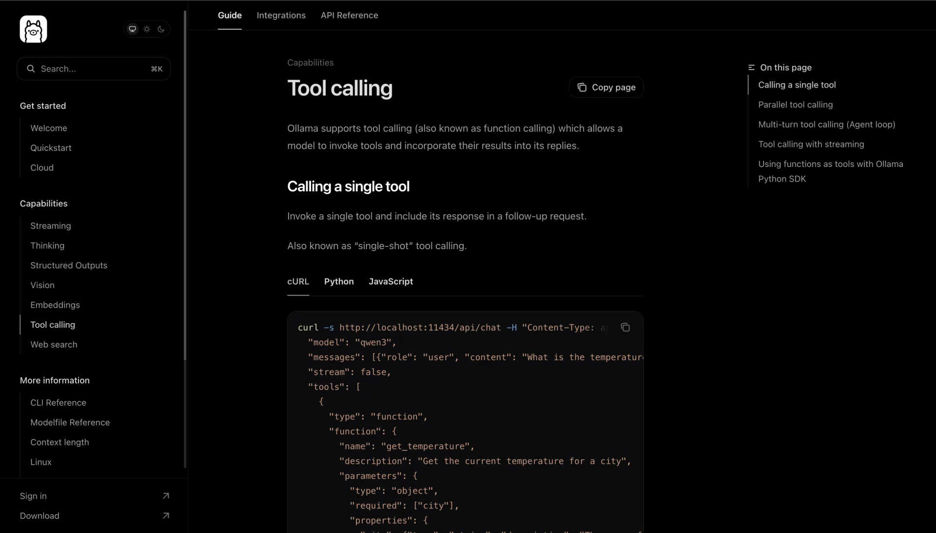 La documentazione di Ollama sul tool calling con la richiesta cURL a http://localhost:11434/api/chat, un array tools e una funzione get_temperature