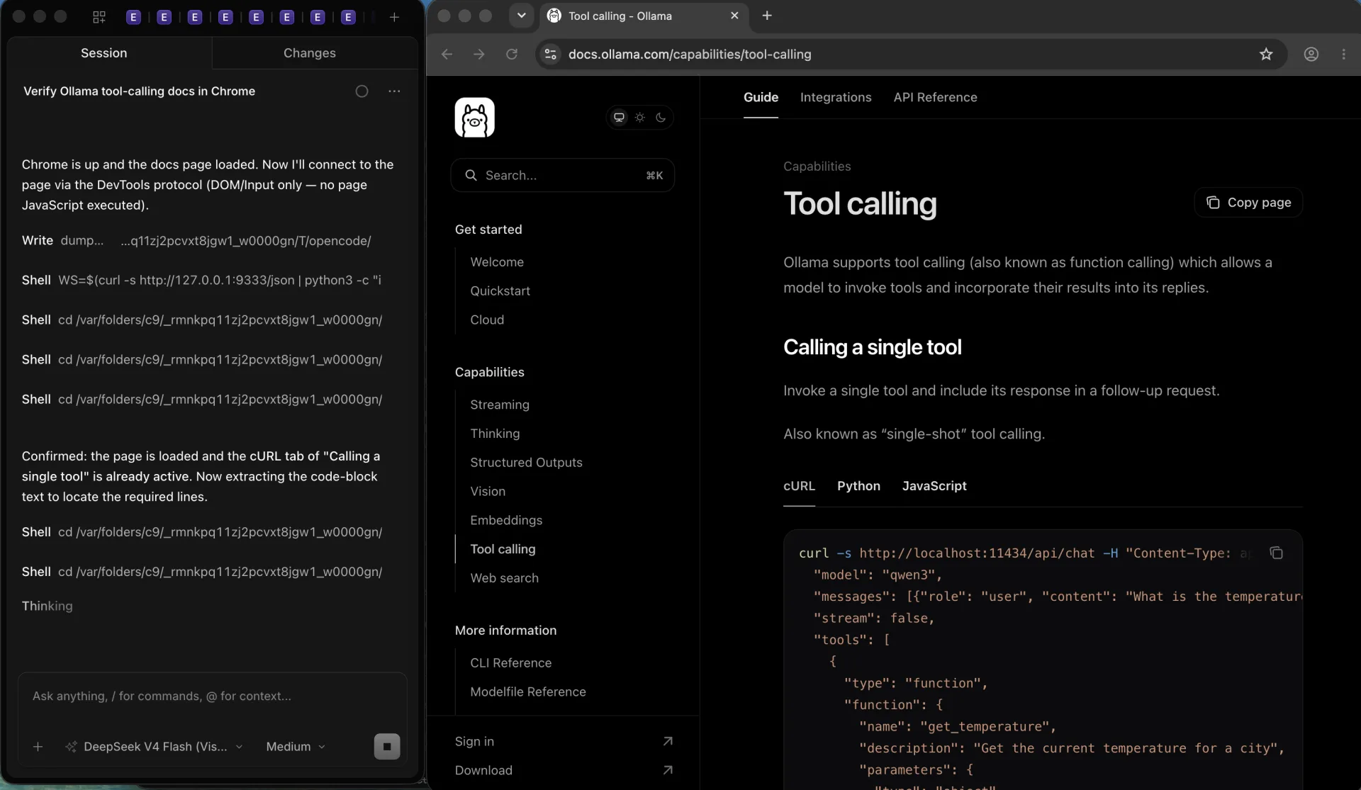 OpenCode accanto a Google Chrome sulla documentazione di Ollama sul tool calling, connesso tramite DevTools protocol con la scheda cURL attiva