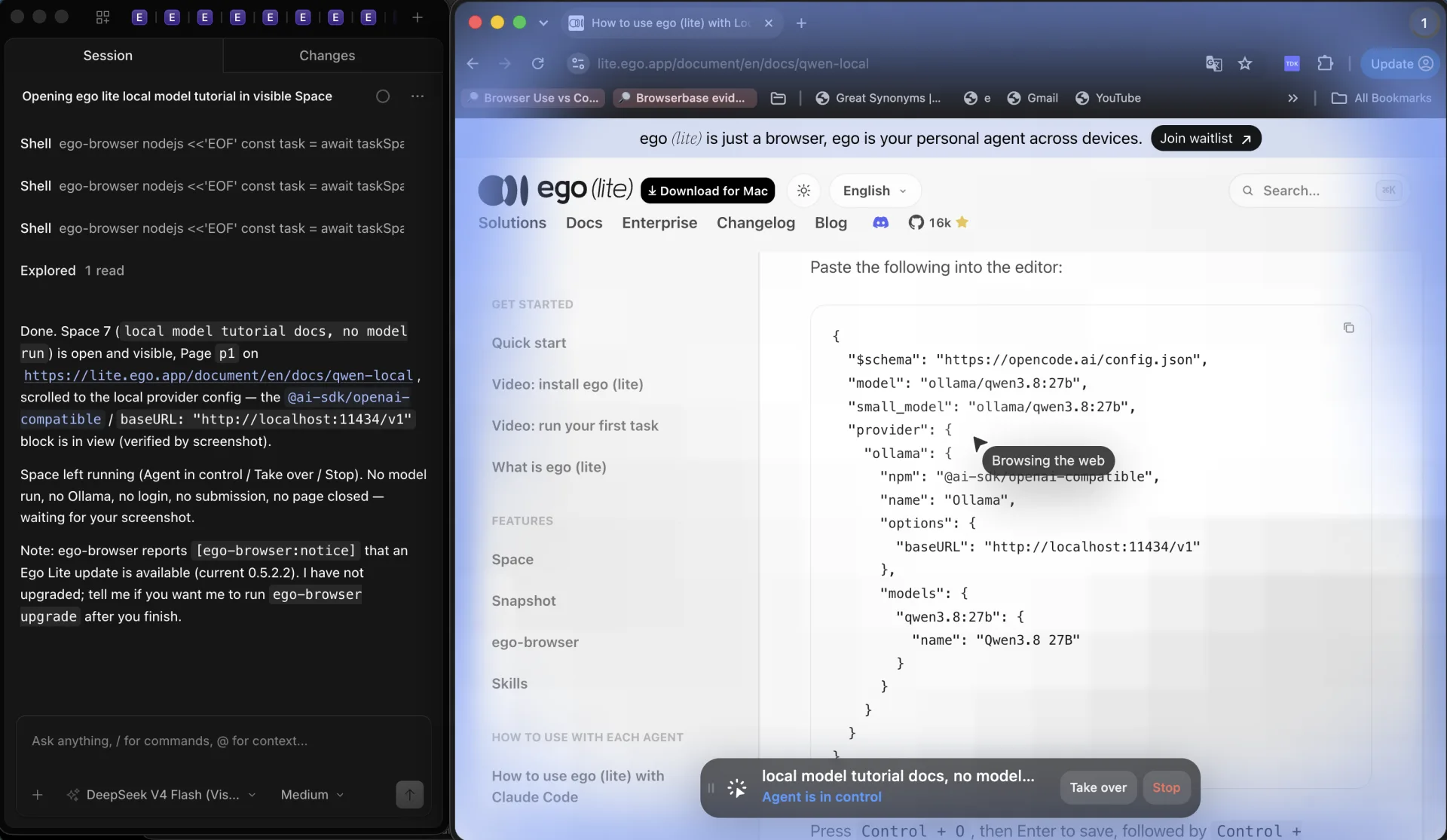 OpenCode accanto a uno Space di ego (lite) nel tutorial ufficiale qwen-local, con il blocco provider @ai-sdk/openai-compatible e baseURL http://localhost:11434/v1 e l'indicazione Agent is in control con Take over e Stop