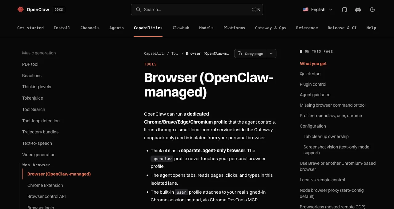 OpenClaw's official browser documentation describing a dedicated Chrome, Brave, Edge, or Chromium profile the agent controls, isolated from your personal browser