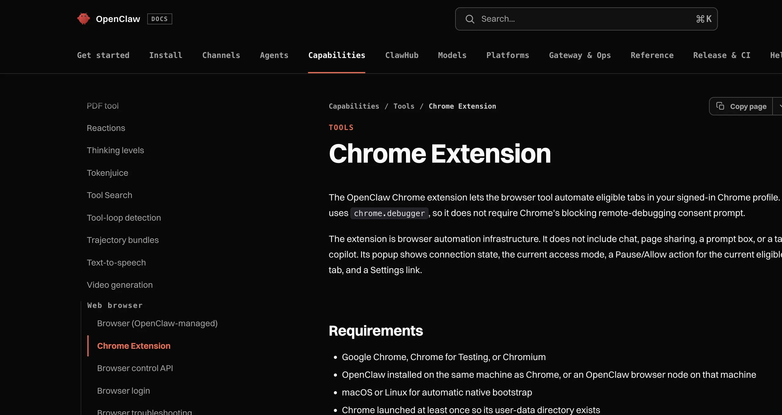 OpenClaw's Chrome Extension documentation page, covering pairing and tab-scoped access for driving a signed-in browser