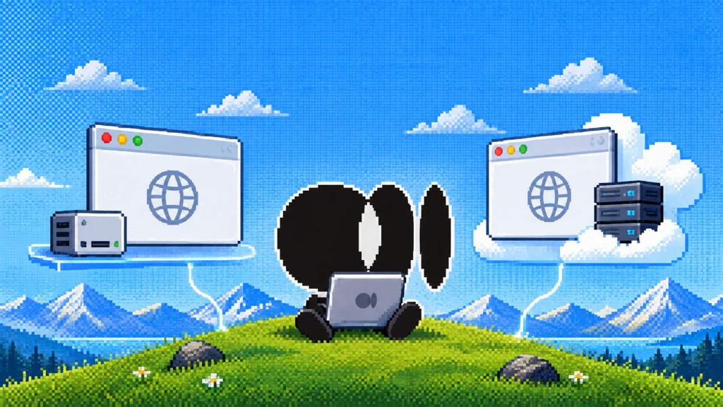 Pixel-art ego agent connecting local and cloud browser windows to illustrate persistent browser sessions