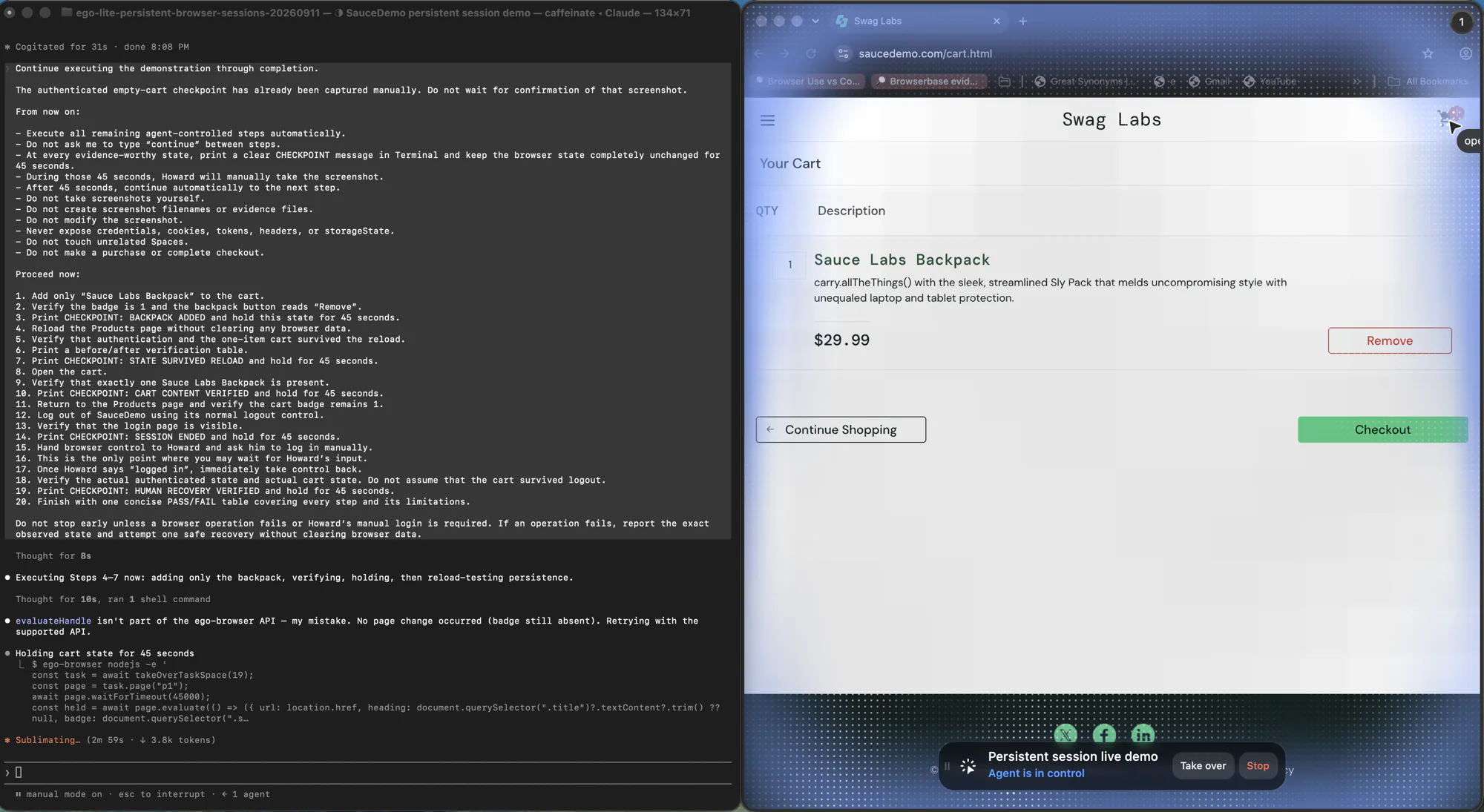 A terminal beside a live browser Space showing a cart containing one Sauce Labs Backpack after the authenticated session survived a page reload