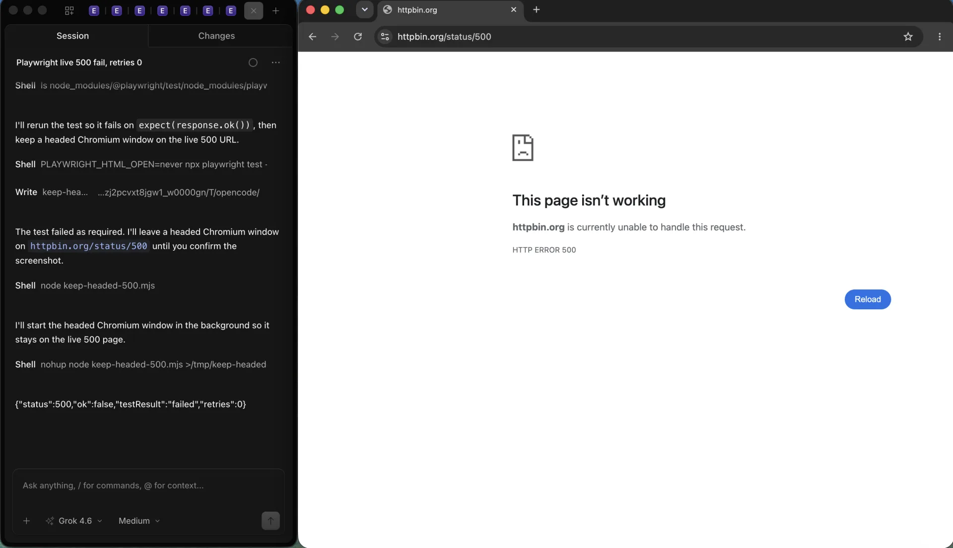 OpenCode session titled Playwright live 500 fail, retries 0 beside headed Chromium on httpbin.org/status/500 showing HTTP ERROR 500