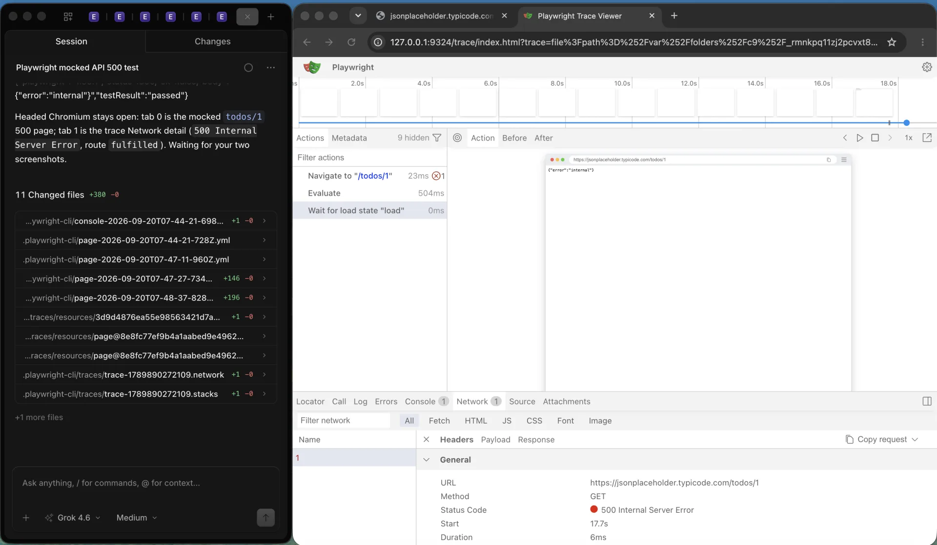 OpenCode reporting testResult passed beside Playwright Trace Viewer with GET https://jsonplaceholder.typicode.com/todos/1 status 500 Internal Server Error