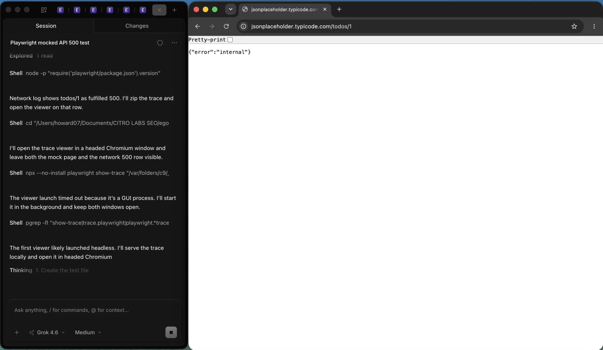 OpenCode session titled Playwright mocked API 500 test beside headed Chromium showing jsonplaceholder.typicode.com/todos/1 with body {"error":"internal"}