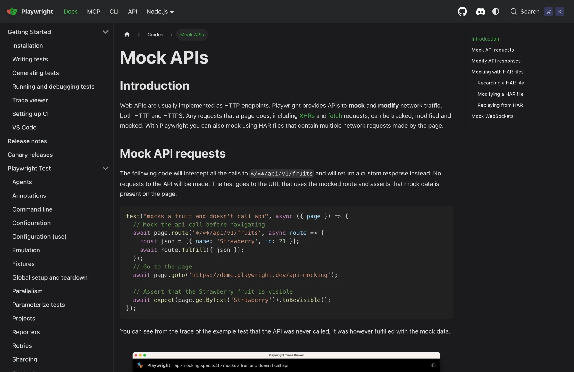 Official Playwright Mock APIs docs showing route.fulfill returning a Strawberry fruit JSON instead of calling the API