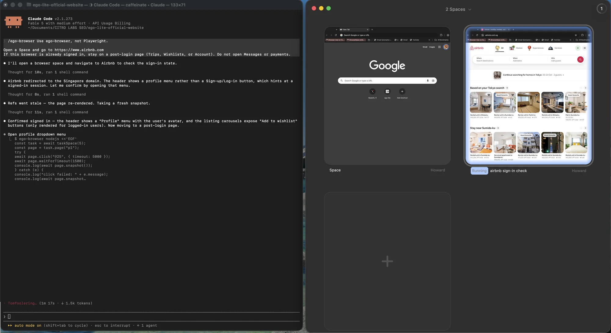 Claude Code beside the ego (lite) Spaces overview showing an idle Google Space and a running signed-in Airbnb Space