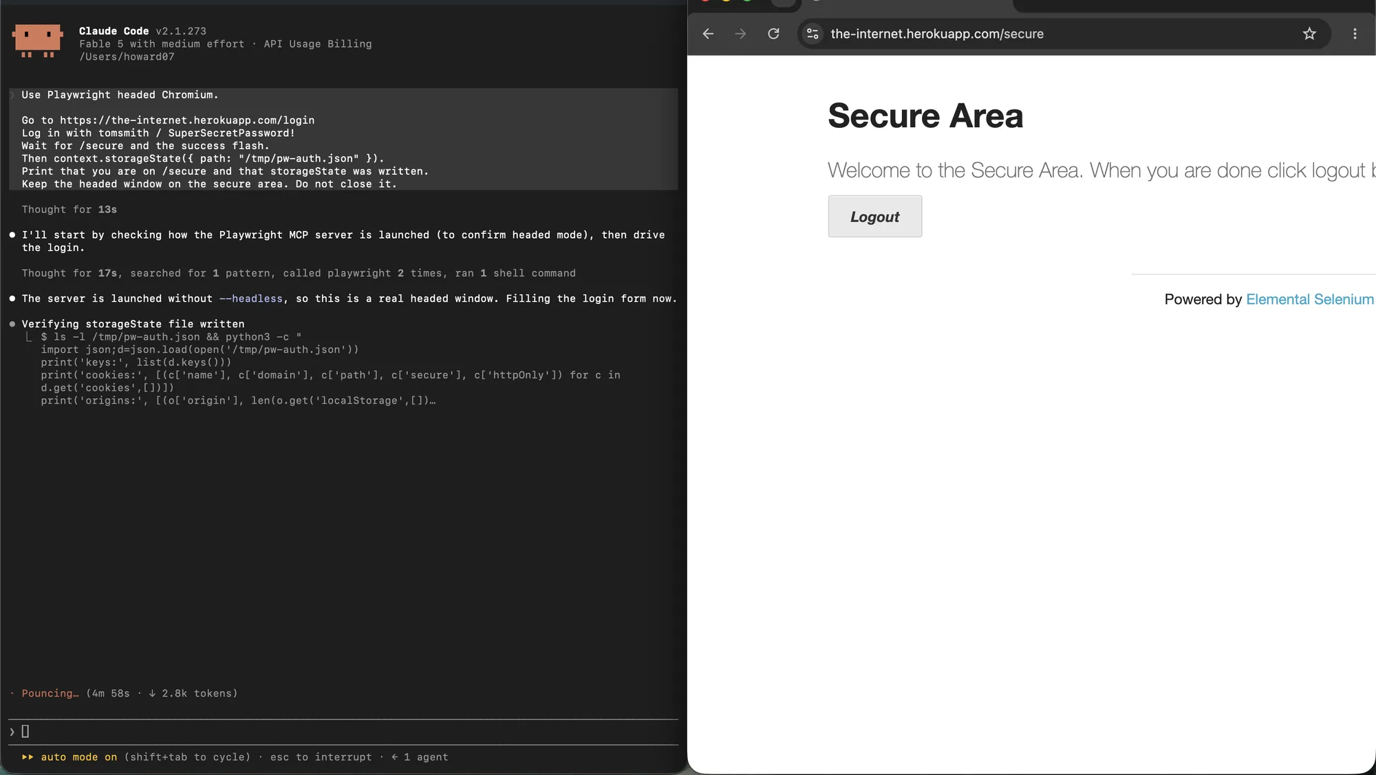 Claude Code beside a headed Chromium window on the-internet.herokuapp.com/secure after login, with Logout visible while Claude verifies /tmp/pw-auth.json