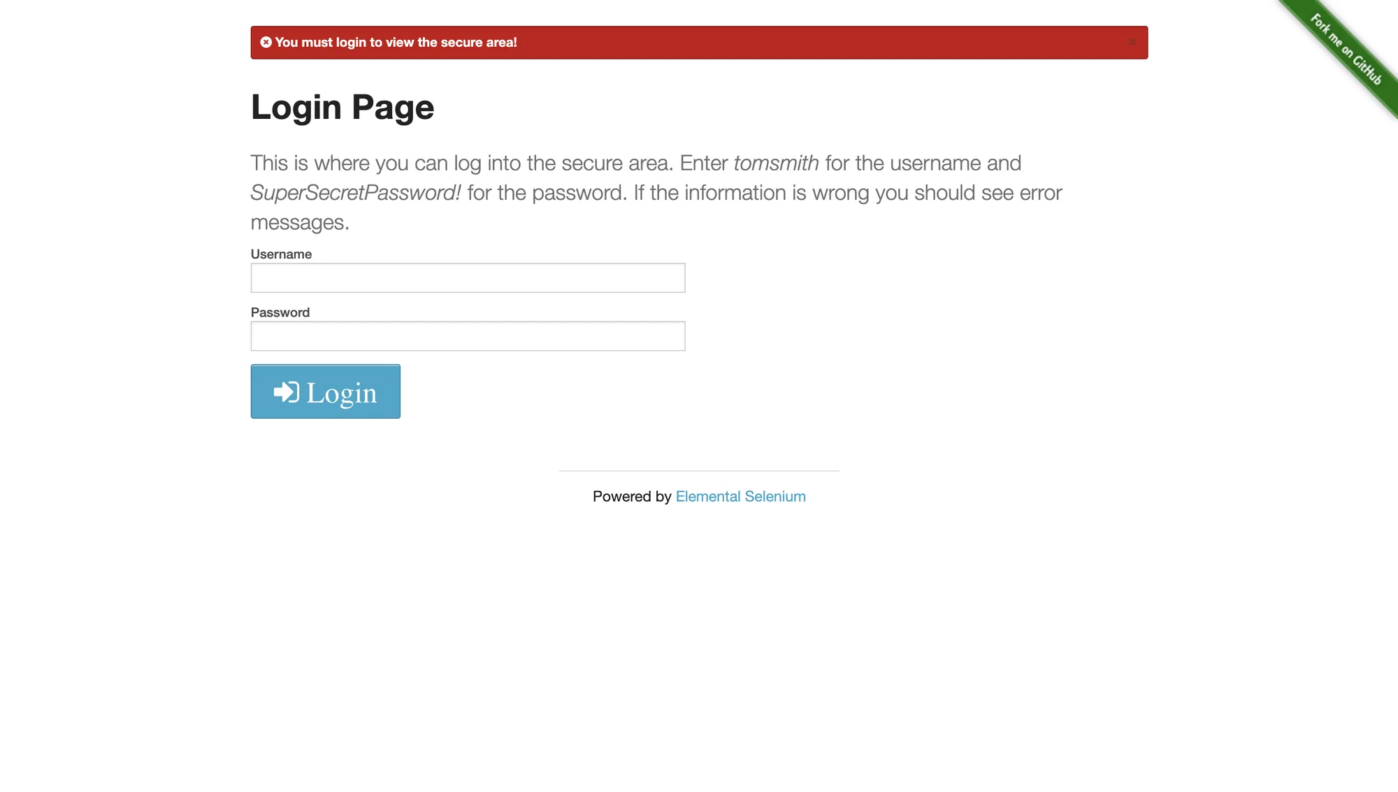 the-internet.herokuapp.com/login after a request to the secure area, with a red flash that says You must login to view the secure area
