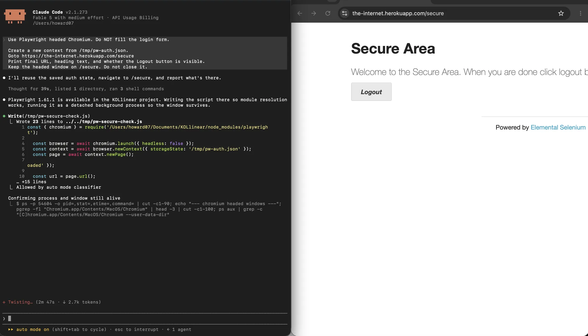 Claude Code creating a new Playwright context from /tmp/pw-auth.json without filling the login form, beside the-internet.herokuapp.com/secure with Logout still visible