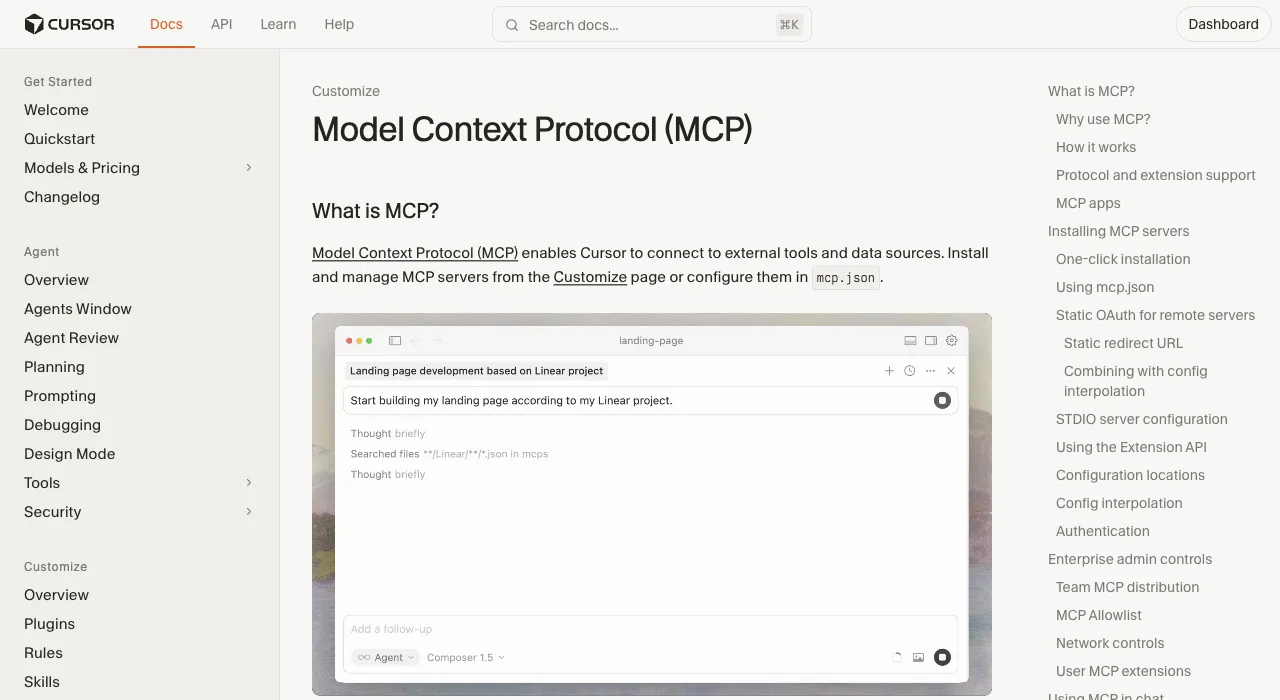 Cursor's official MCP documentation page describing installation from the Customize page or via mcp.json