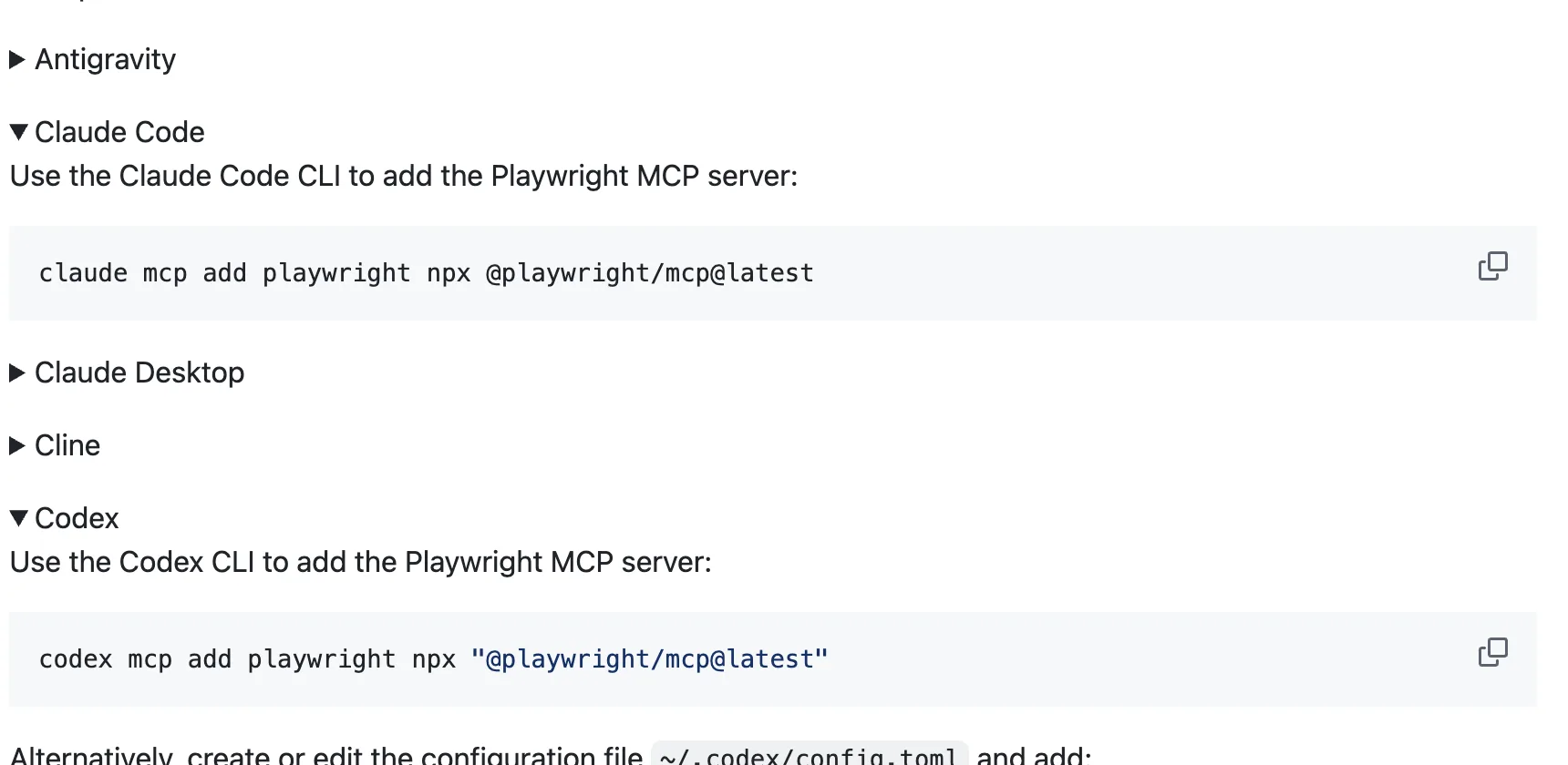 The microsoft/playwright-mcp README install section with the Claude Code and Codex add commands expanded