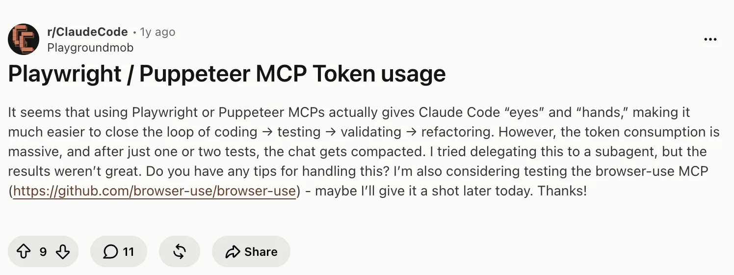 Reddit post on r/ClaudeCode describing massive Playwright MCP token consumption, with the chat getting compacted after one or two tests