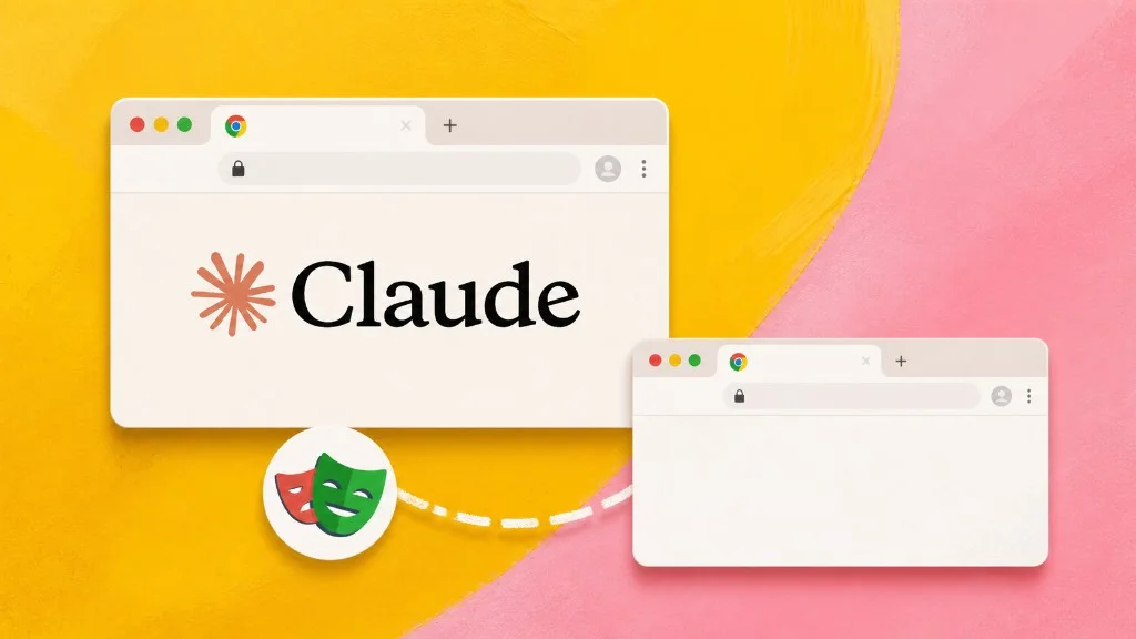 Claude browser window connected through a Playwright badge to a second Chrome window on a yellow-and-pink background