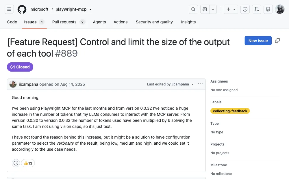 Playwright MCP GitHub issue #889 reporting token usage multiplied 6x between versions 0.0.30 and 0.0.32 on the same task