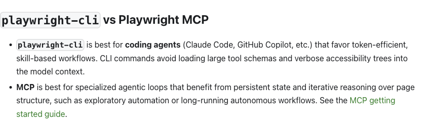 Cropped official Playwright guide comparing CLI for coding agents with MCP for specialized agentic loops
