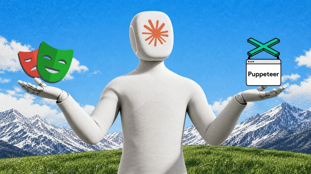 Claude robot balancing Playwright's theater masks and a Puppeteer marionette browser window in outstretched hands against a sunny mountain landscape