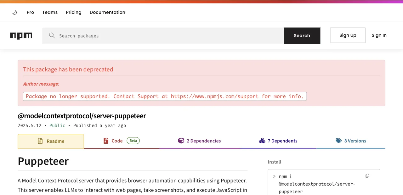 The npm page for @modelcontextprotocol/server-puppeteer showing a red deprecation banner reading This package has been deprecated, package no longer supported